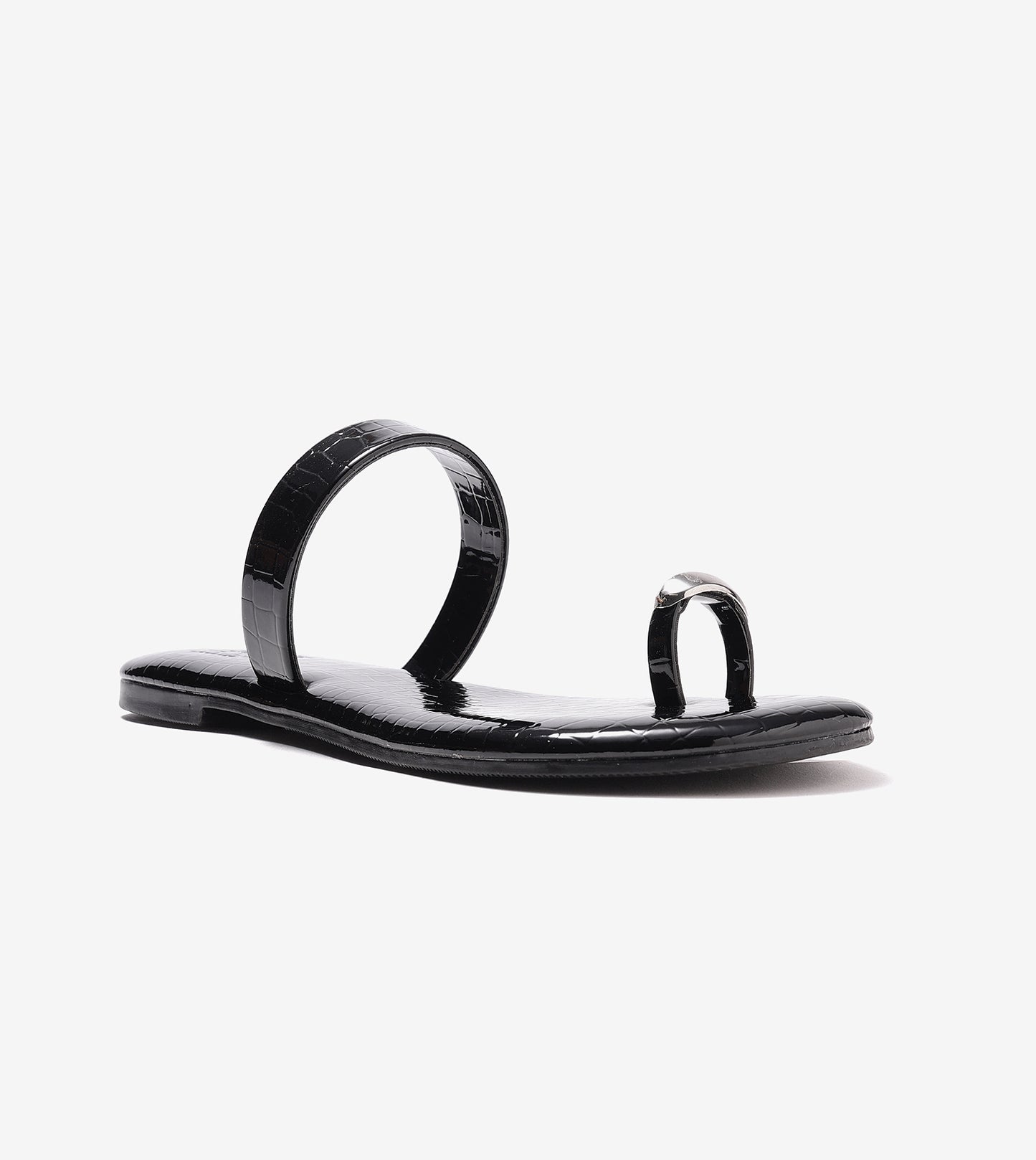 Patent Flat Sandals With Metallic Embellishment - Black