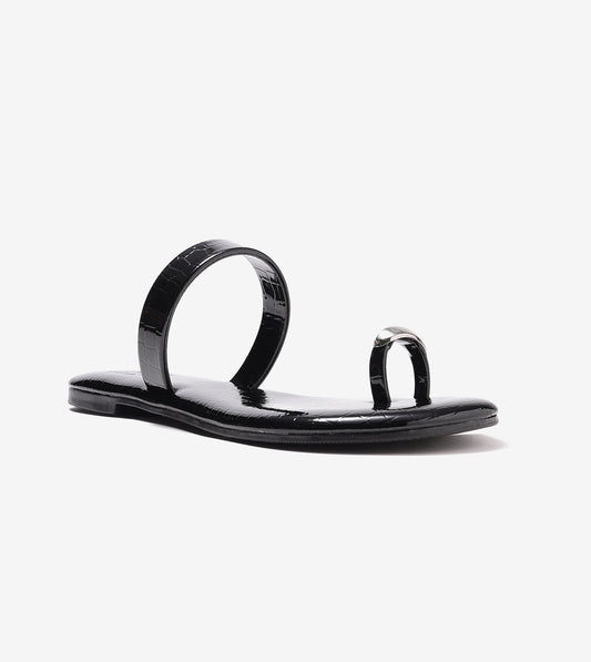 Patent Flat Sandals With Metallic Embellishment - Black