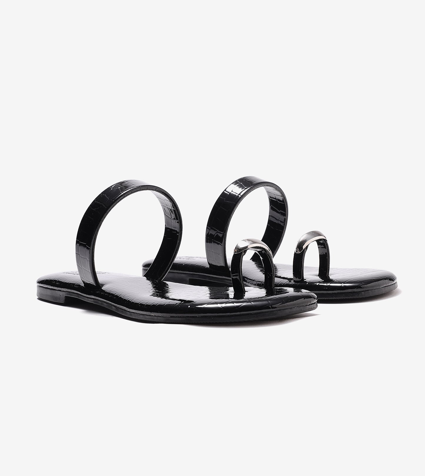 Patent Flat Sandals With Metallic Embellishment - Black