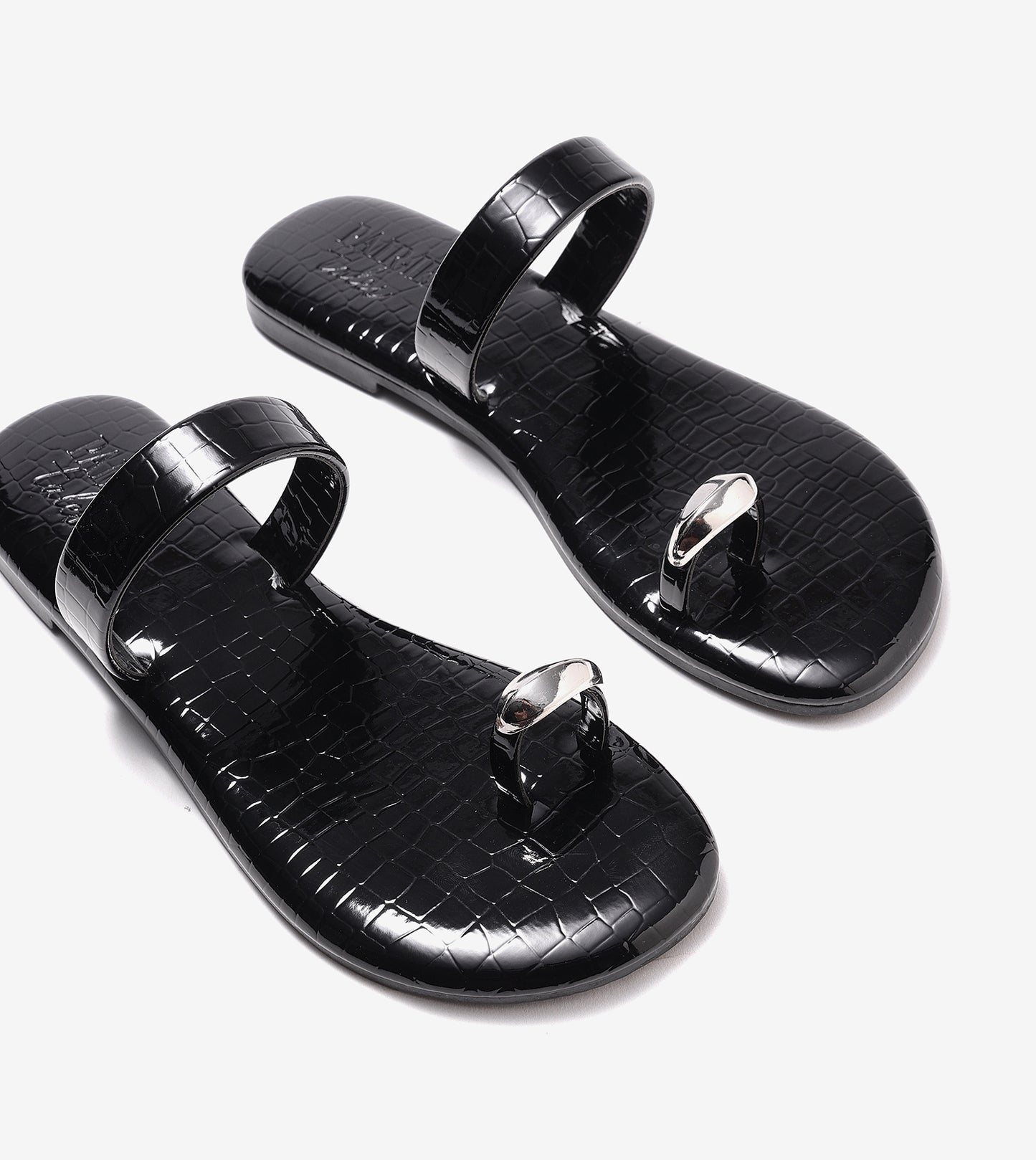 Patent Flat Sandals With Metallic Embellishment - Black