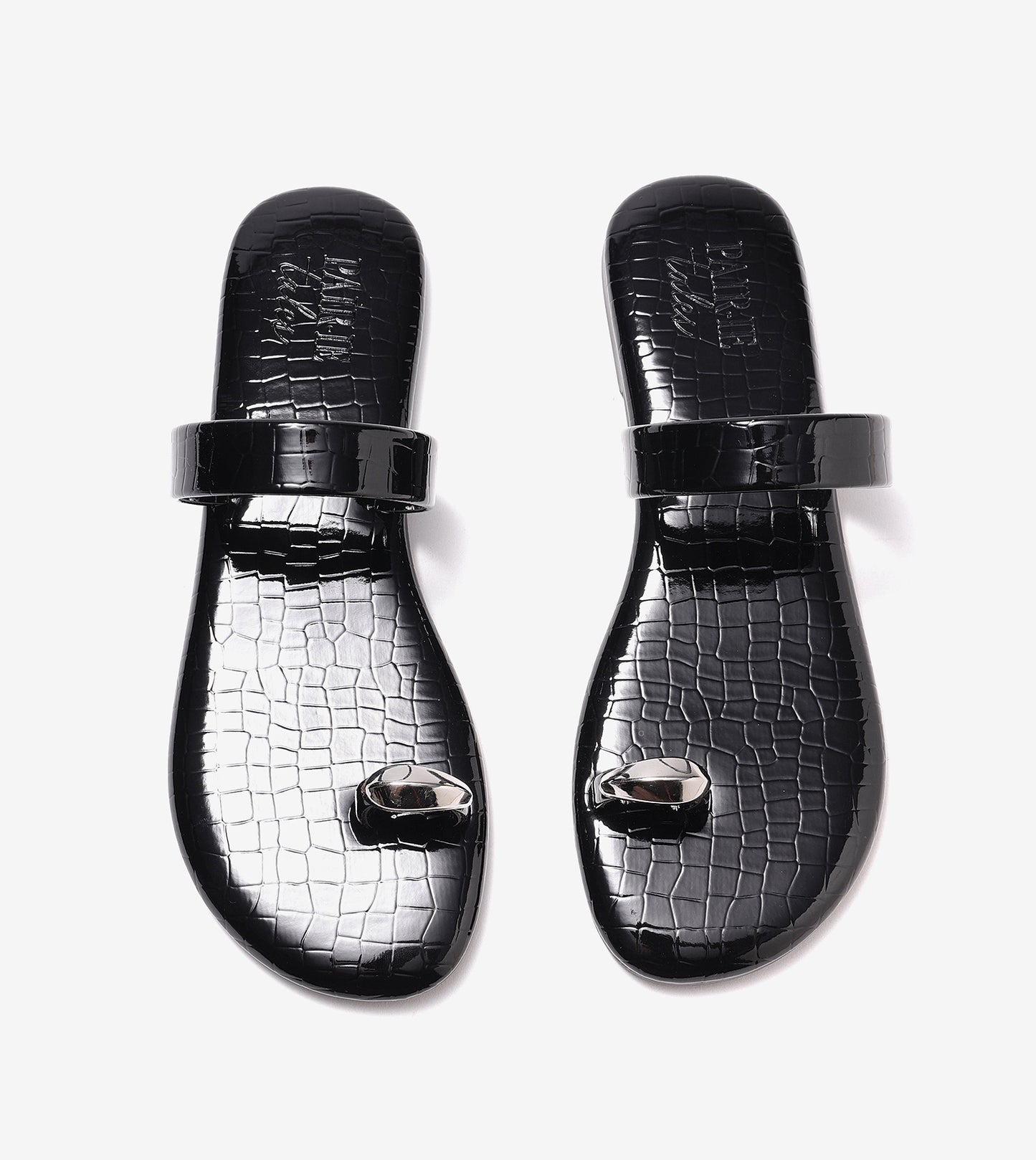 Patent Flat Sandals With Metallic Embellishment - Black