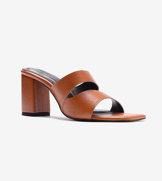 Asymmetric Cutout Block Heeled Slide Sandals - Tan