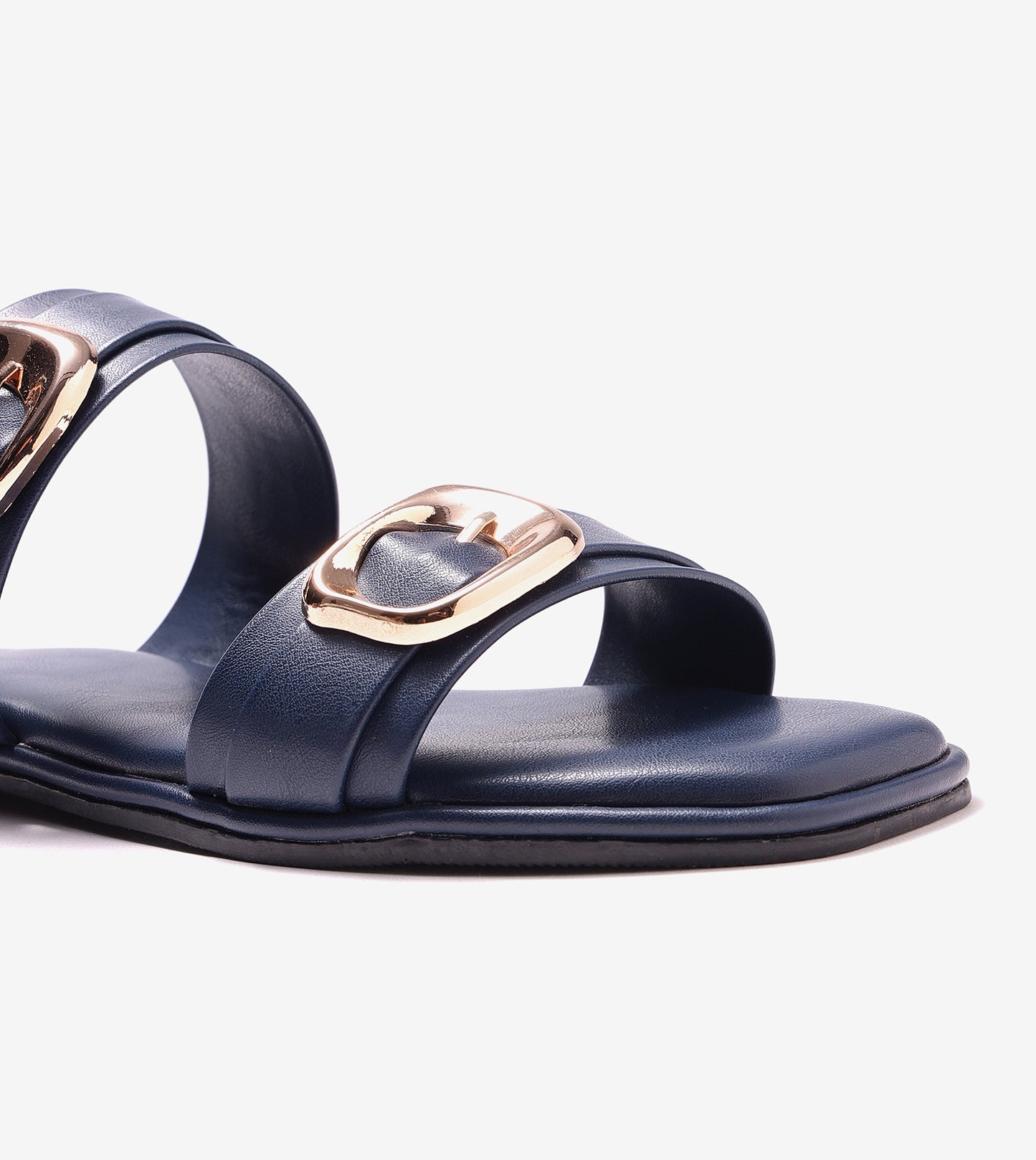 Double Strap Buckled Flat Sandals - Navy Blue