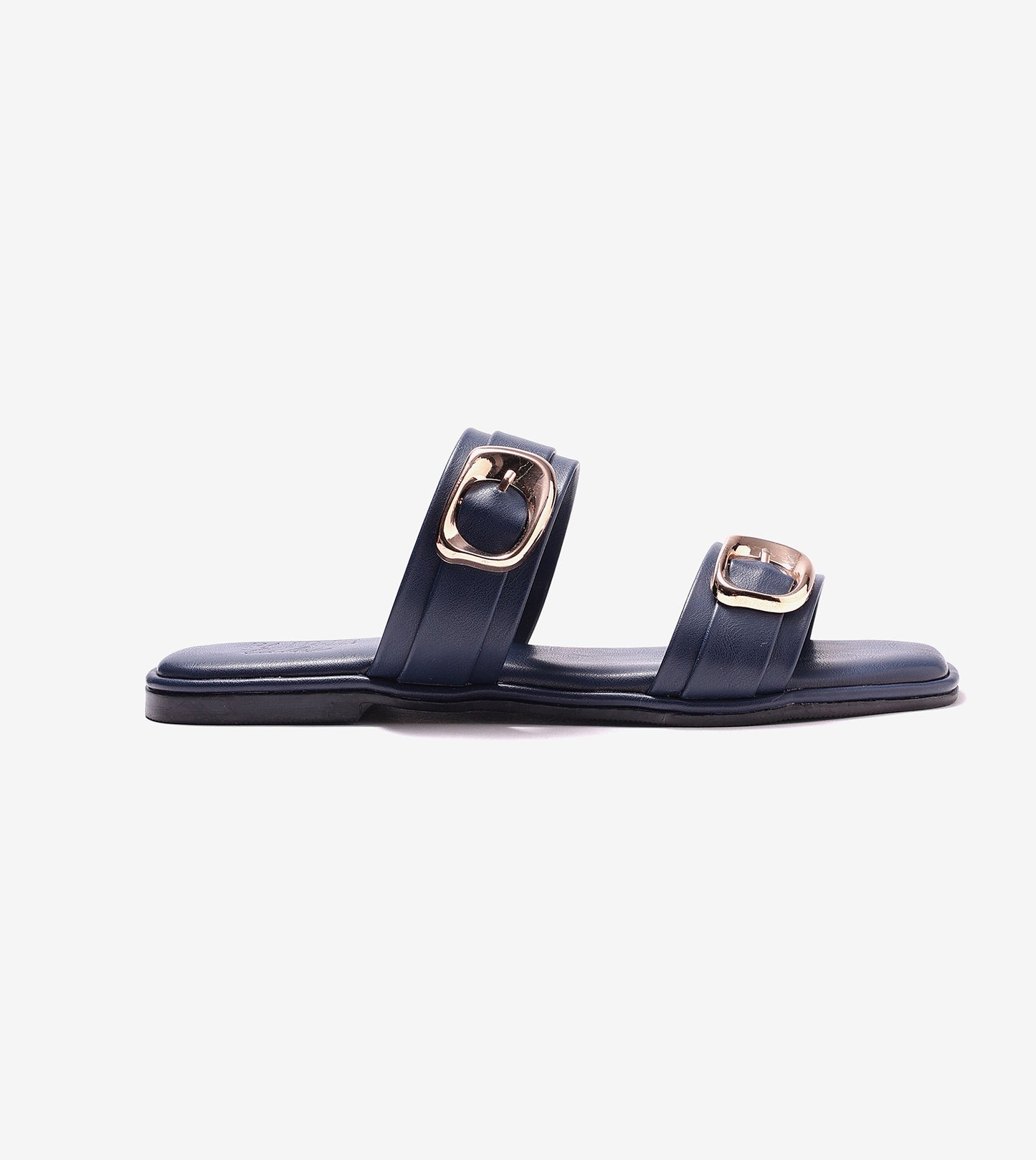 Double Strap Buckled Flat Sandals - Navy Blue