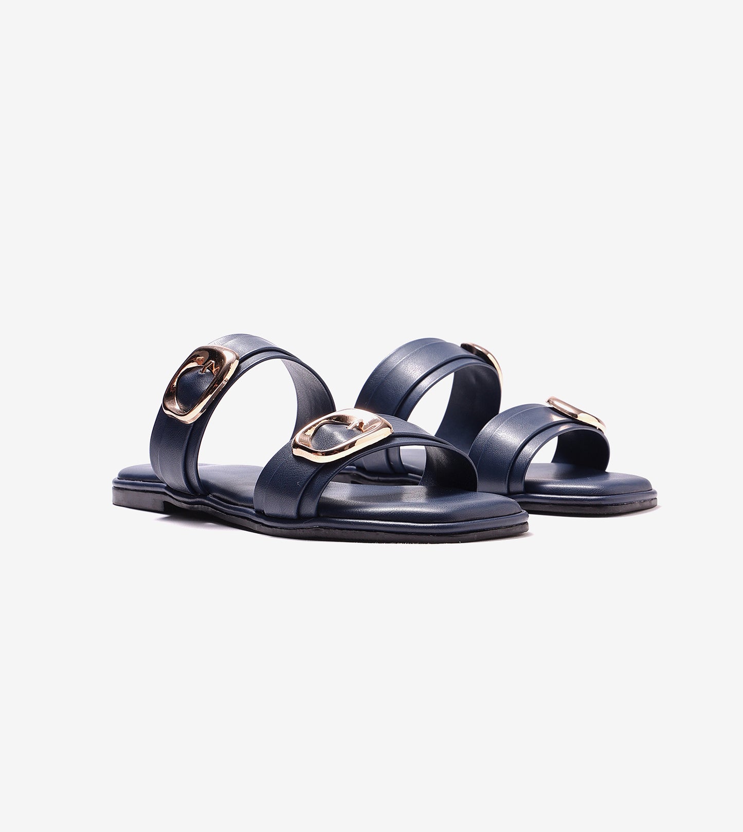Double Strap Buckled Flat Sandals - Navy Blue