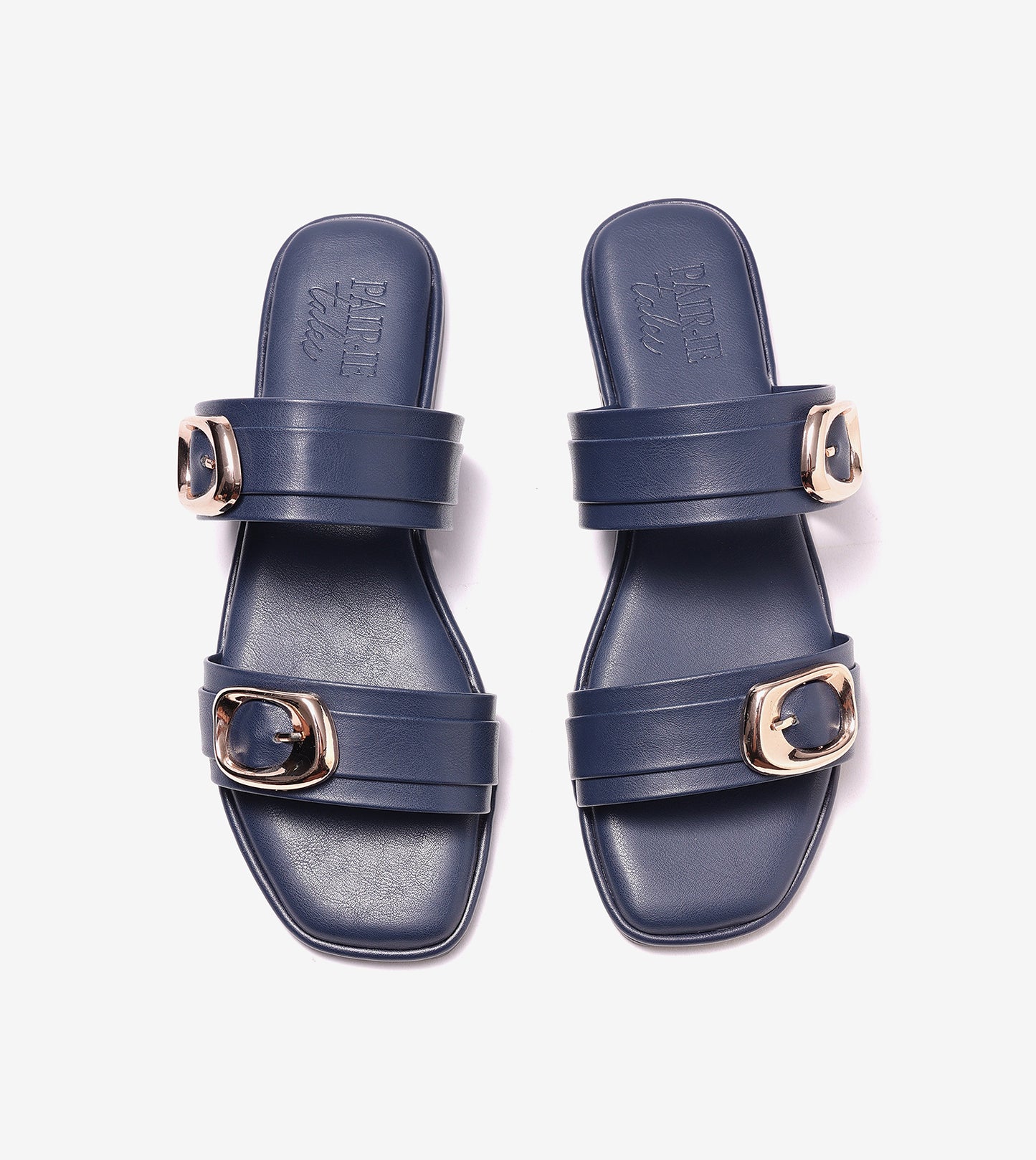 Double Strap Buckled Flat Sandals - Navy Blue