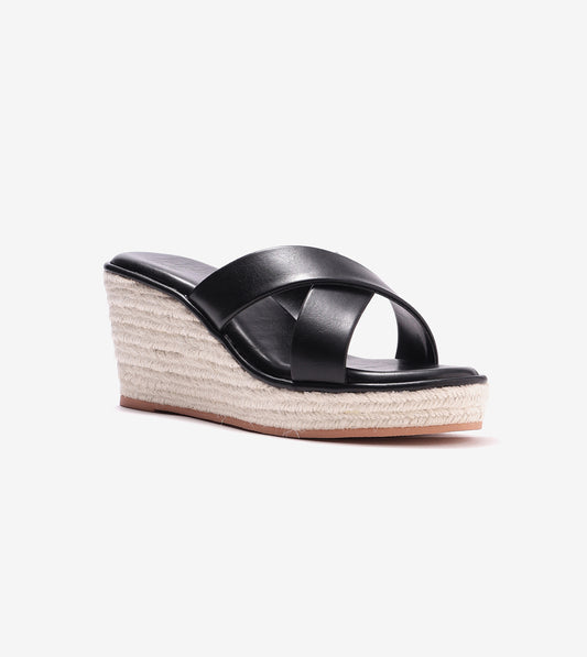 Cross Strap Metal Embellished Espadrille Wedges - Black