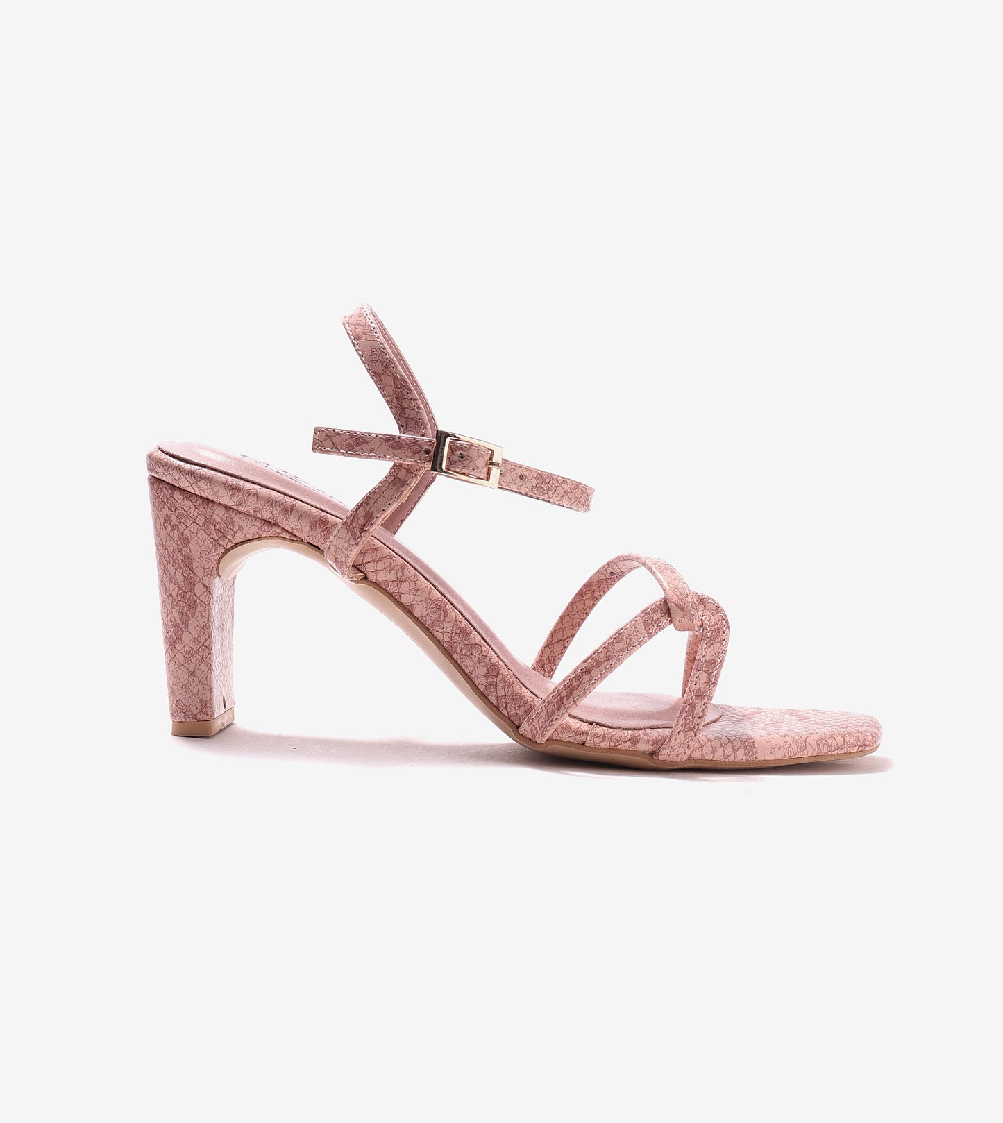 Snake Print Strappy Heeled Sandals - Blush Pink