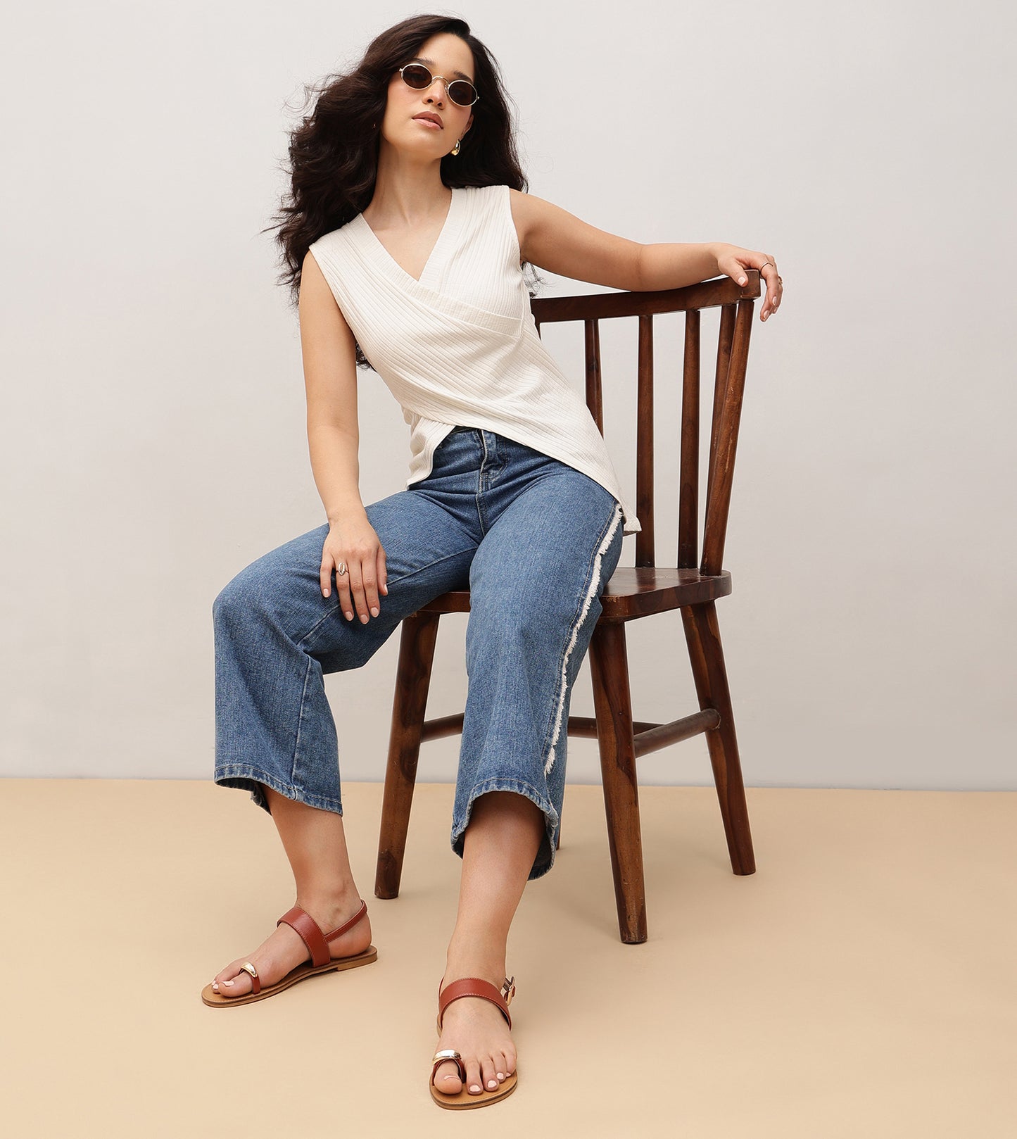 Metallic Accent Toe Ring Flat Sandals - Tan