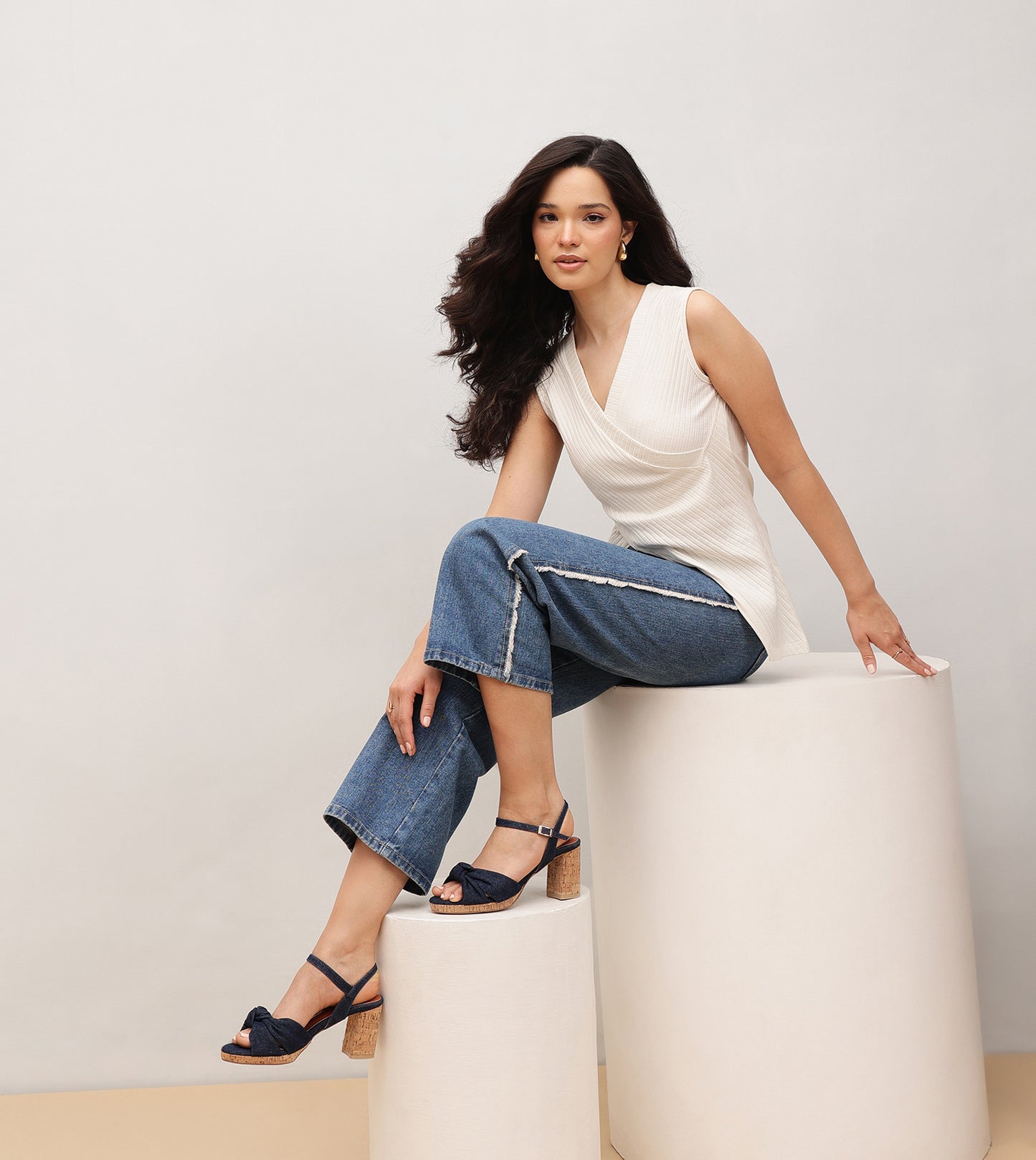 Denim Bow Detail Platform Heeled Sandals - Dark Blue