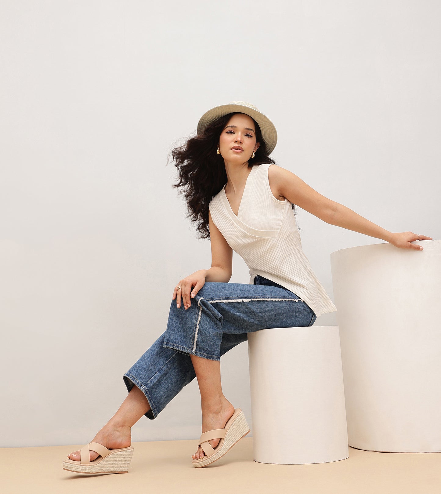 Cross Strap Espadrille Wedges - Cream