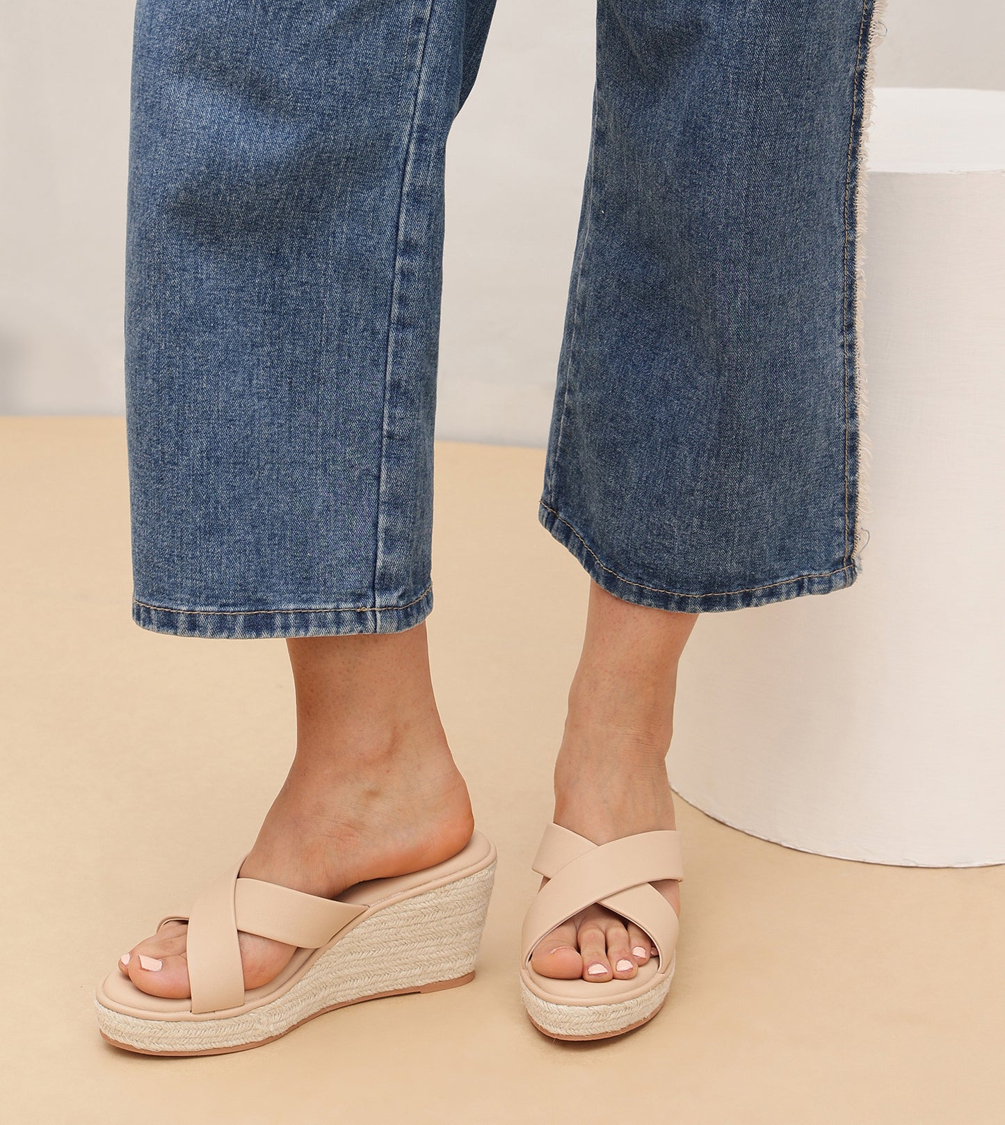 Cross Strap Espadrille Wedges - Cream