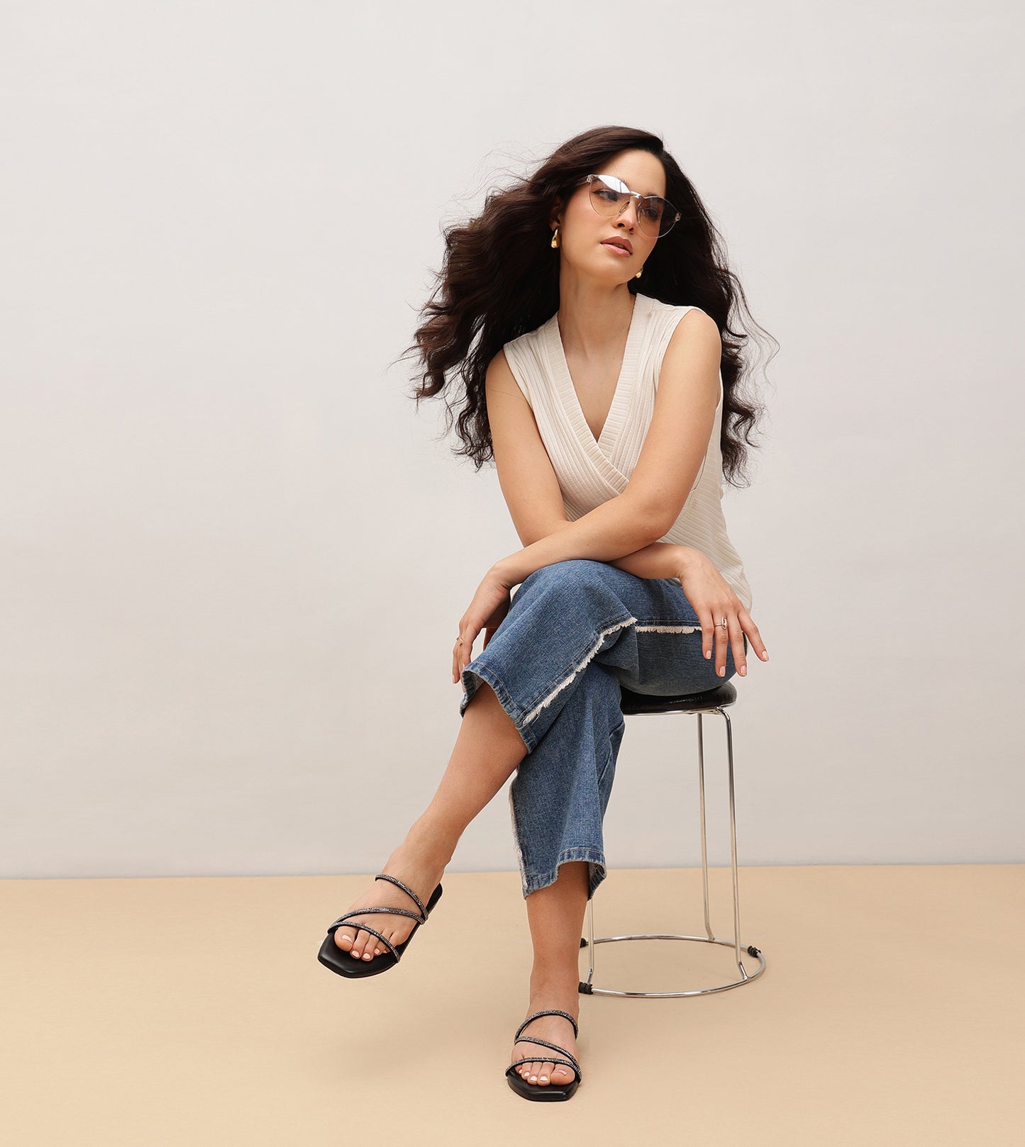 Satin Crystal - Embellished Strappy Sandals - Black