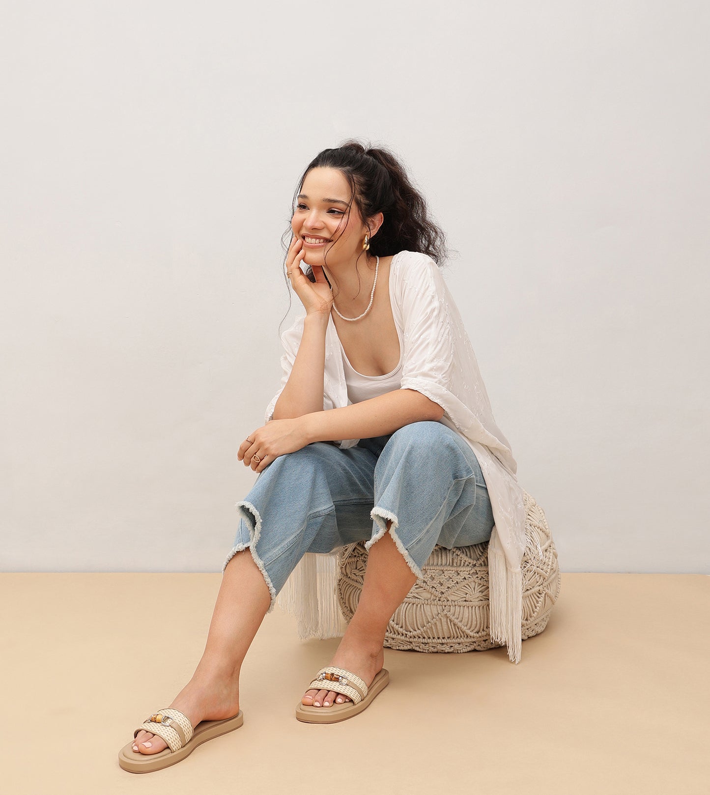 Raffia Slide Flat Sandals With Bamboo Adornment - Beige