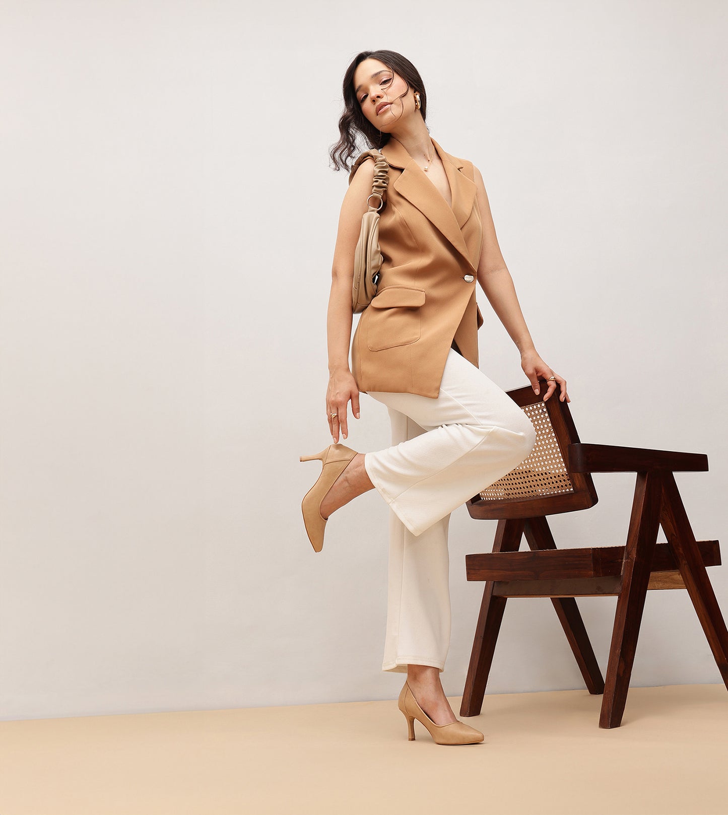 Matt Pointed Toe Pumps - Beige