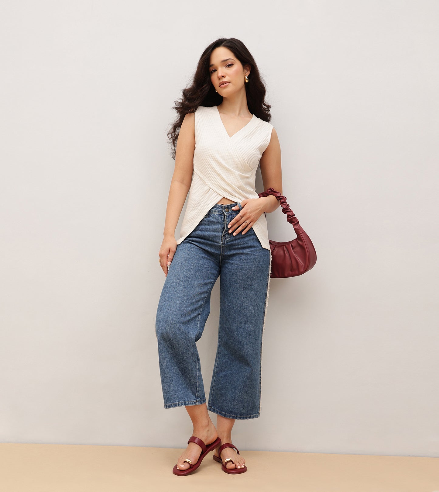 Patent Flat Sandals With Metallic Embellishment - Maroon