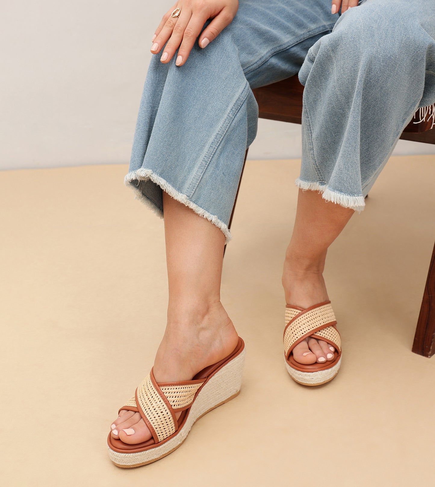 Woven Cross Strap Espadrille Wedges - Tan