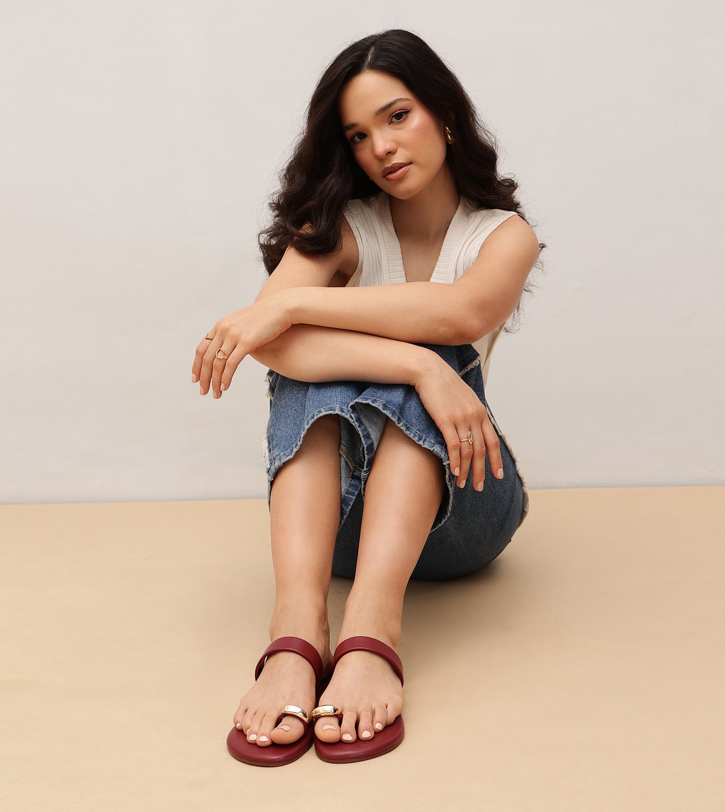 Patent Flat Sandals With Metallic Embellishment - Maroon