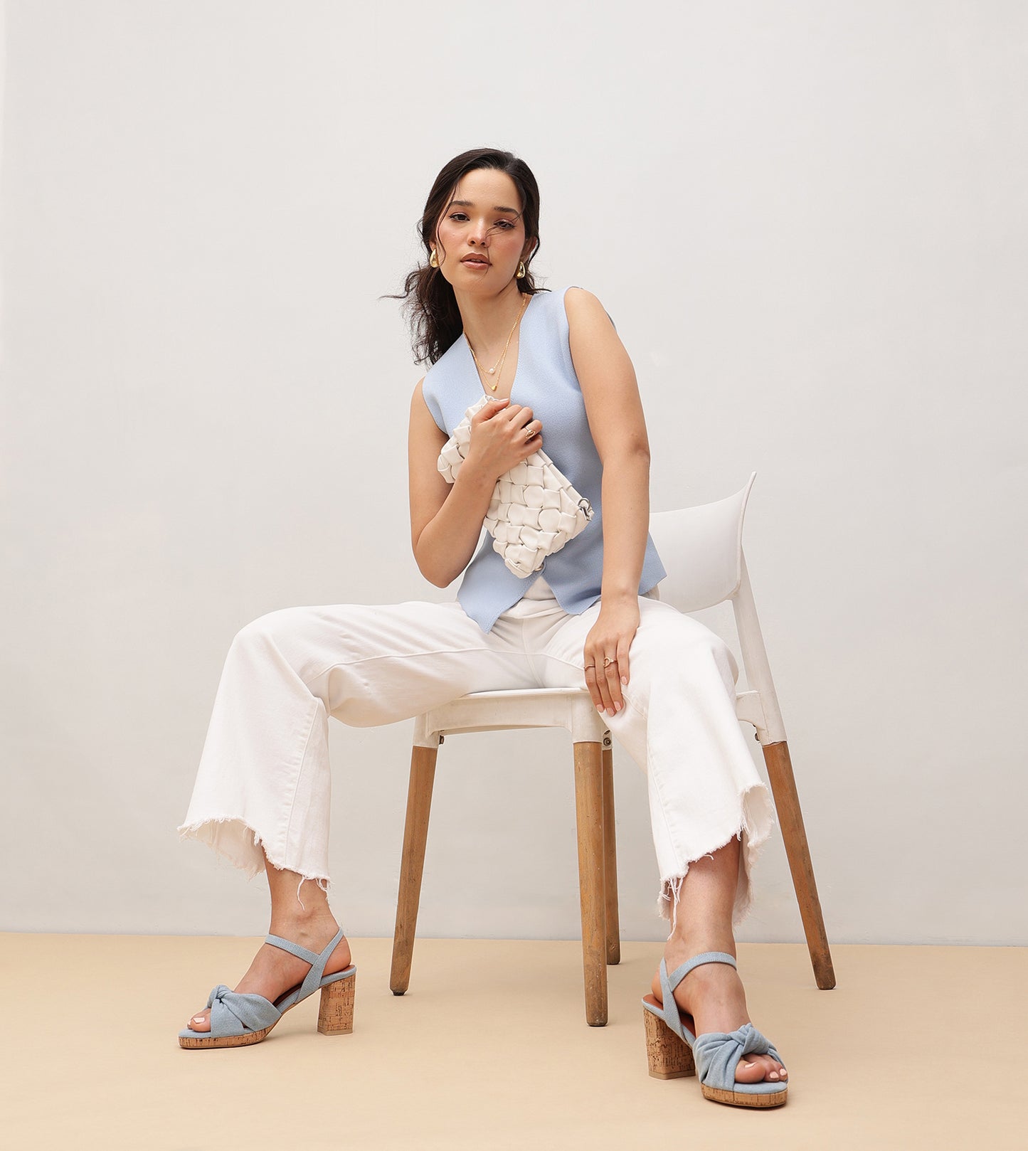 Denim Bow Detail Platform Heeled Sandals - Light Blue