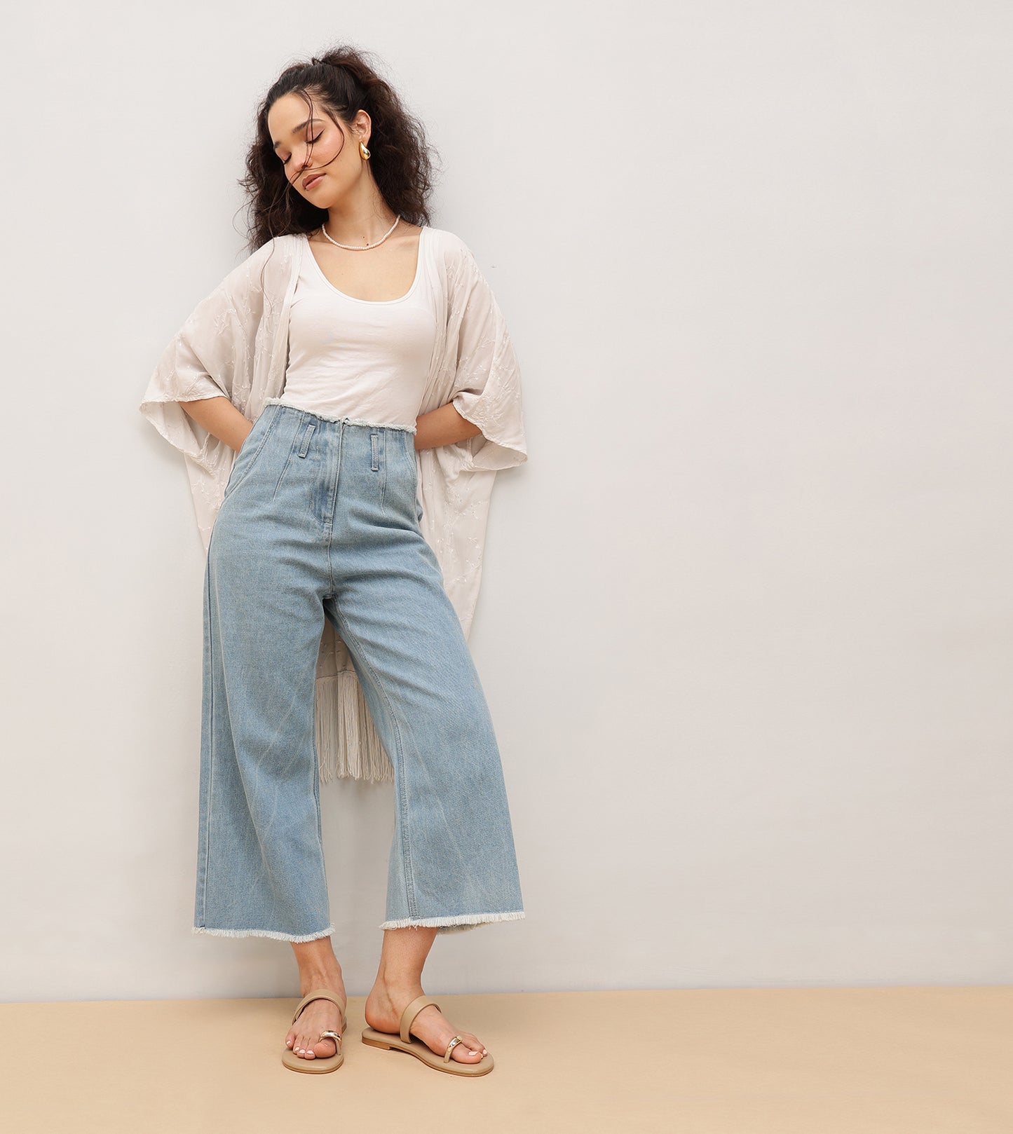 Patent Flat Sandals With Metallic Embellishment - Beige