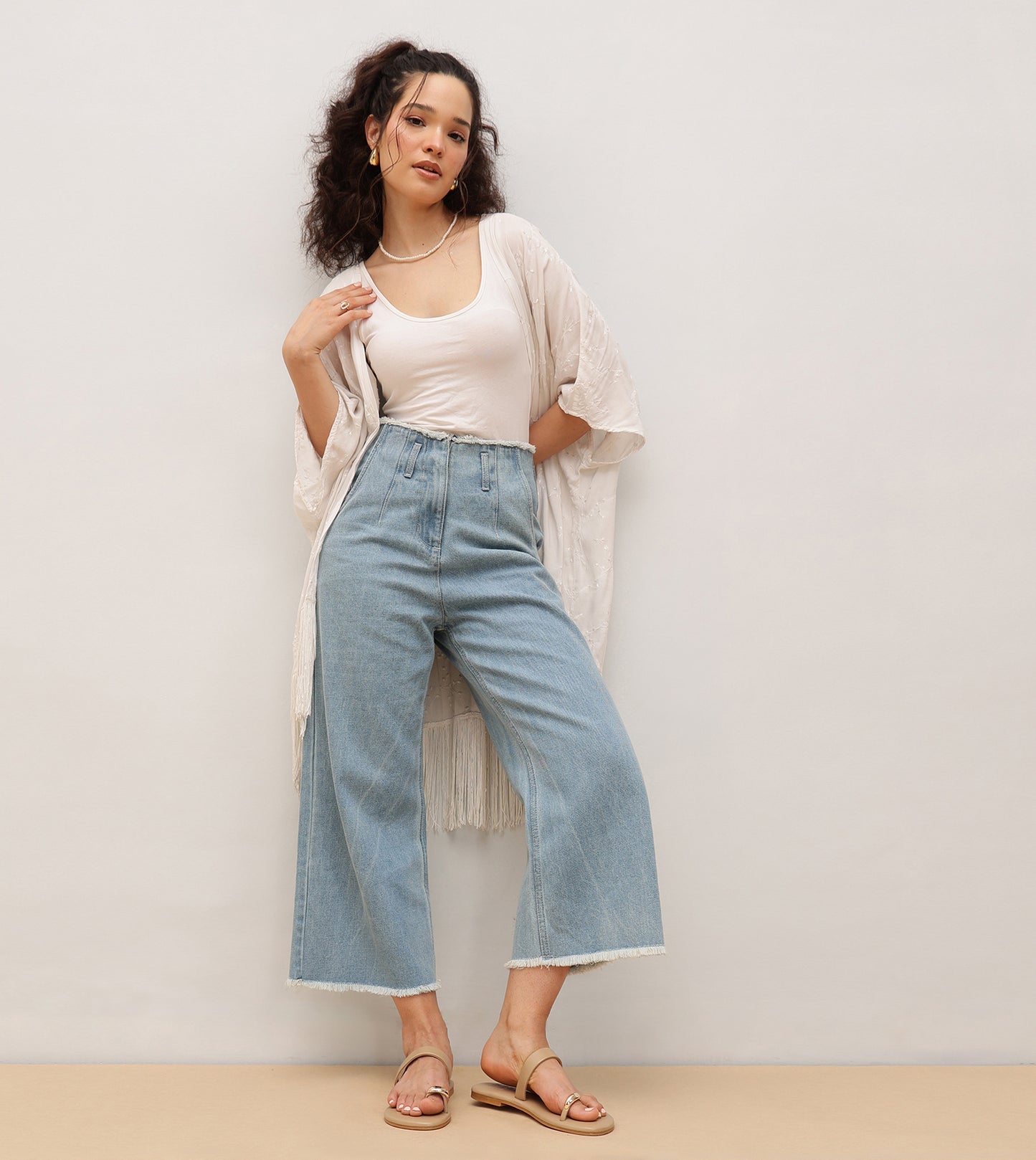 Patent Flat Sandals With Metallic Embellishment - Beige