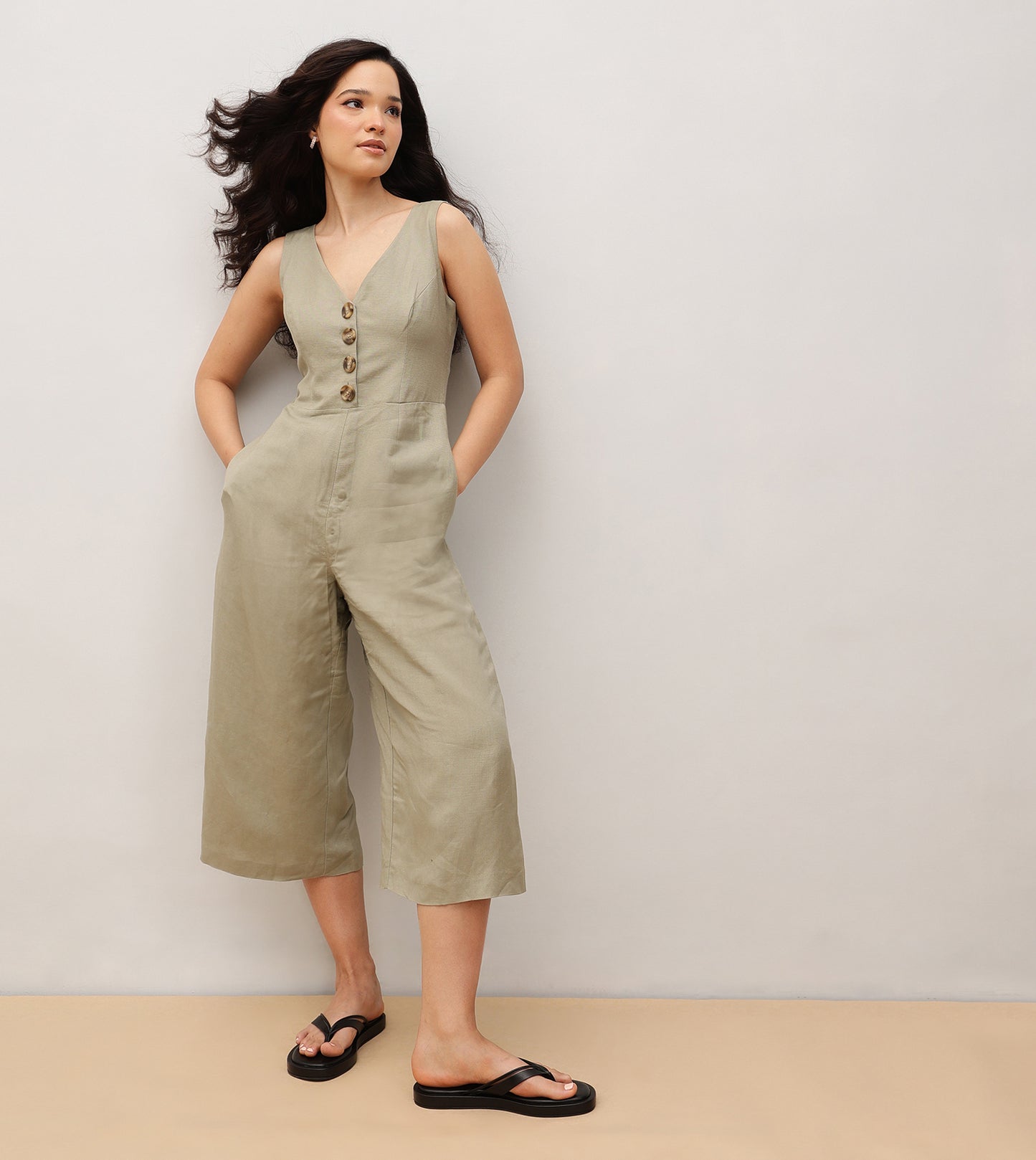 V-Strap Slide Flat Sandals - Black