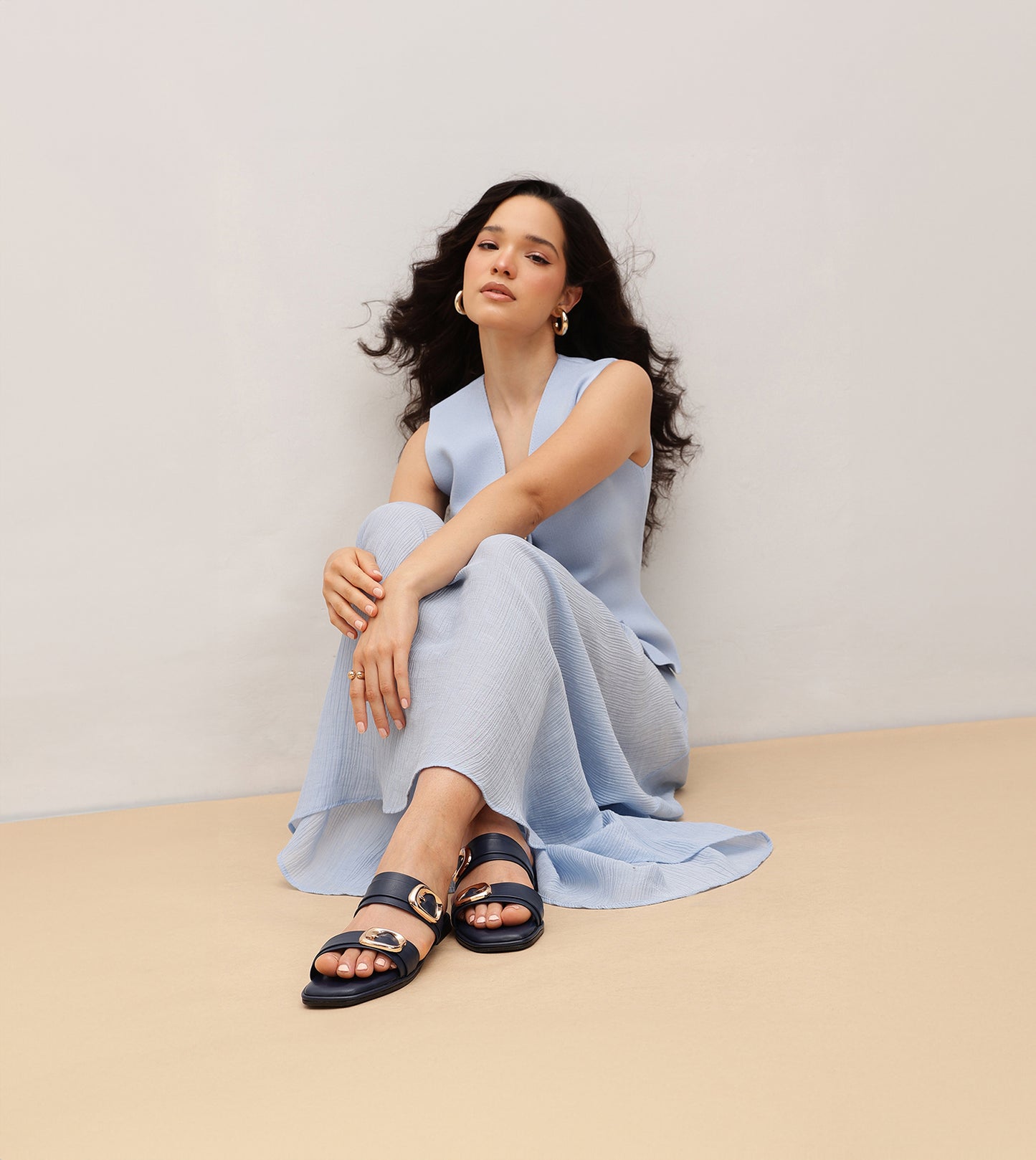 Double Strap Buckled Flat Sandals - Navy Blue