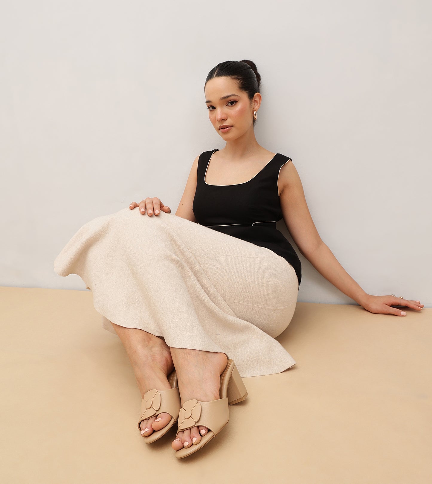 Floral Metallic Adornment Block Heeled Sandals - Beige