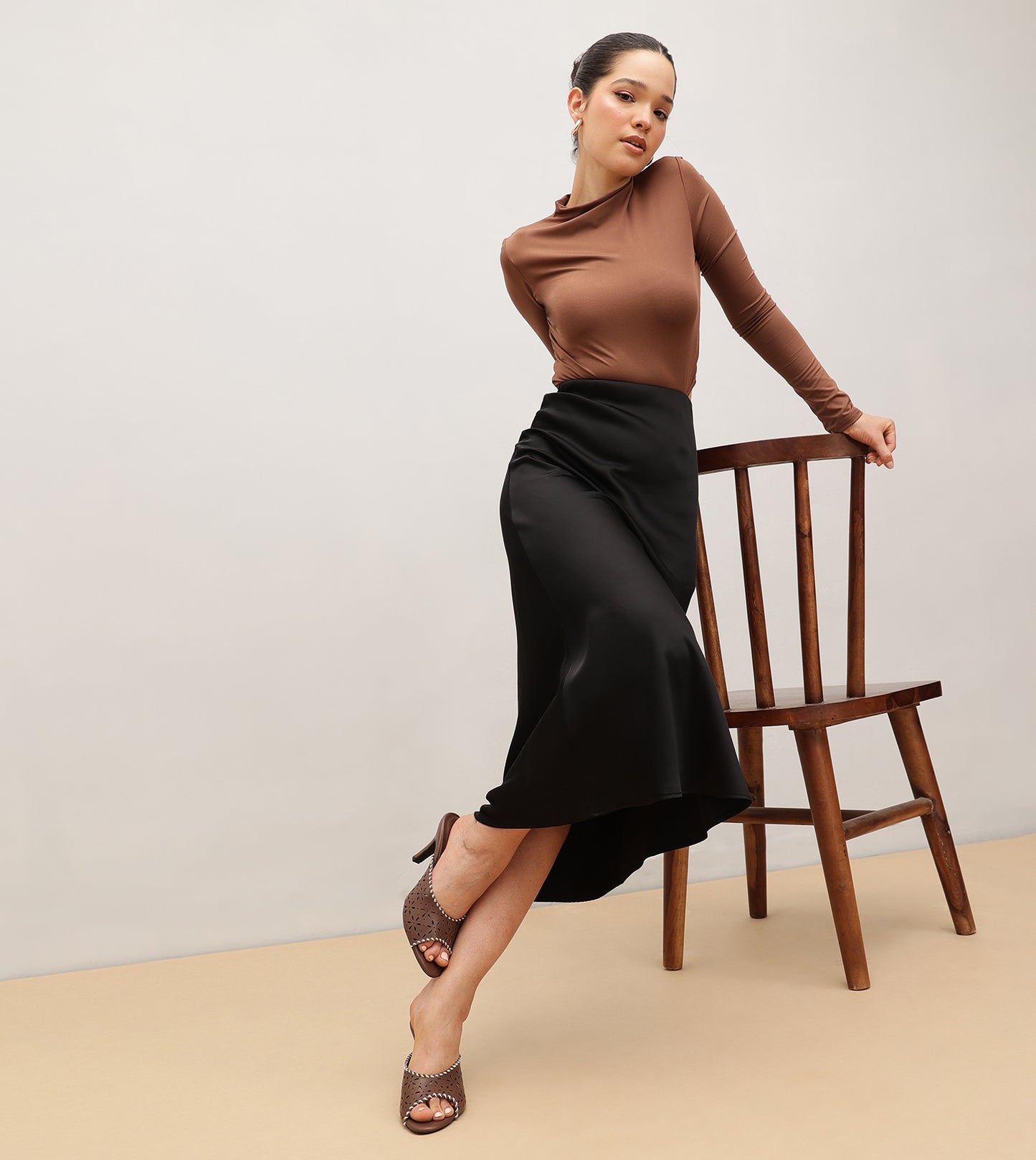 Laser Cutwork Stiletto Mules - Brown