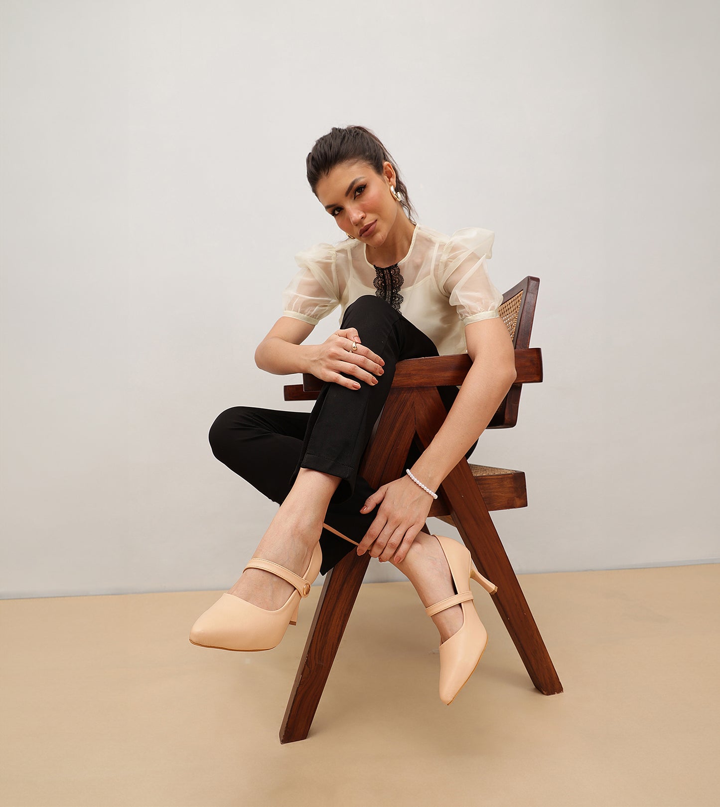 Pointed Toe Mary Jane Pumps - Peach