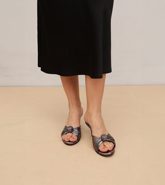 Knotted Strap Stiletto Mule Heels - Gunmetal