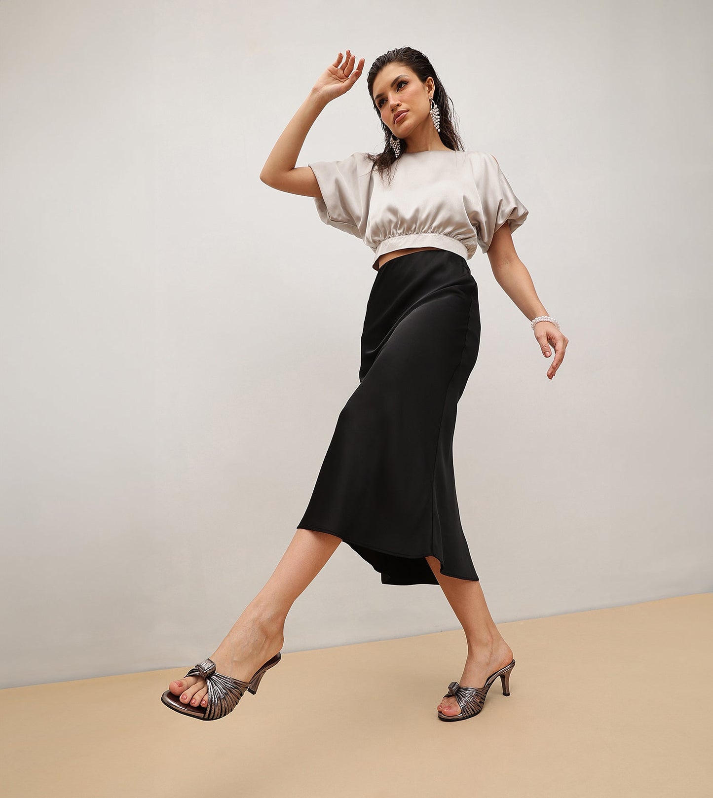 Knotted Strap Stiletto Mule Heels - Gunmetal