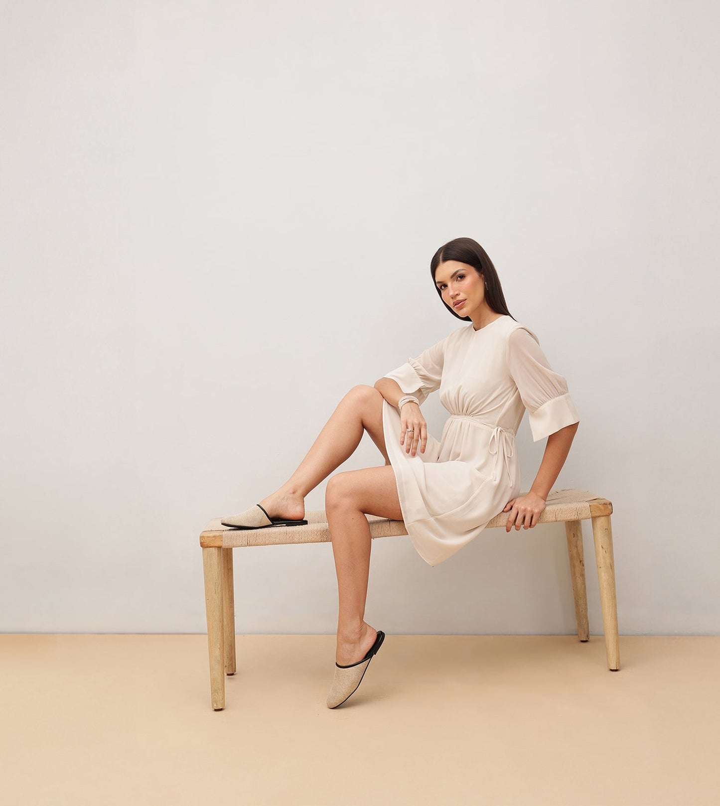 Textured Jute Almond-Toe Mules Flats - Beige