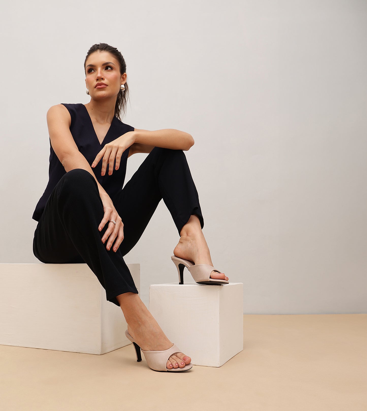 Almond Toe Stiletto Tweed Mules - Stone