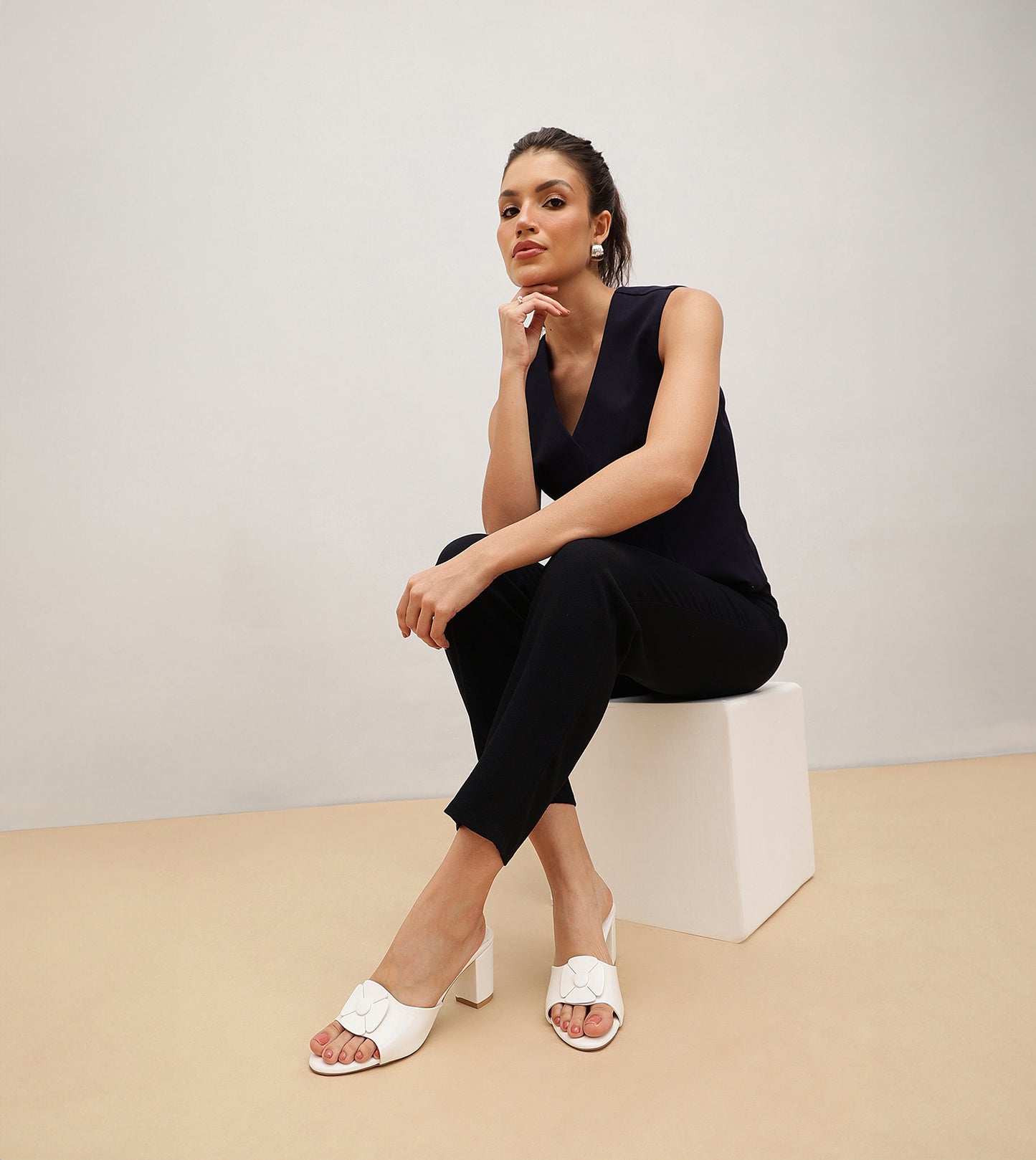 Floral Metallic Adornment Block Heeled Sandals - White