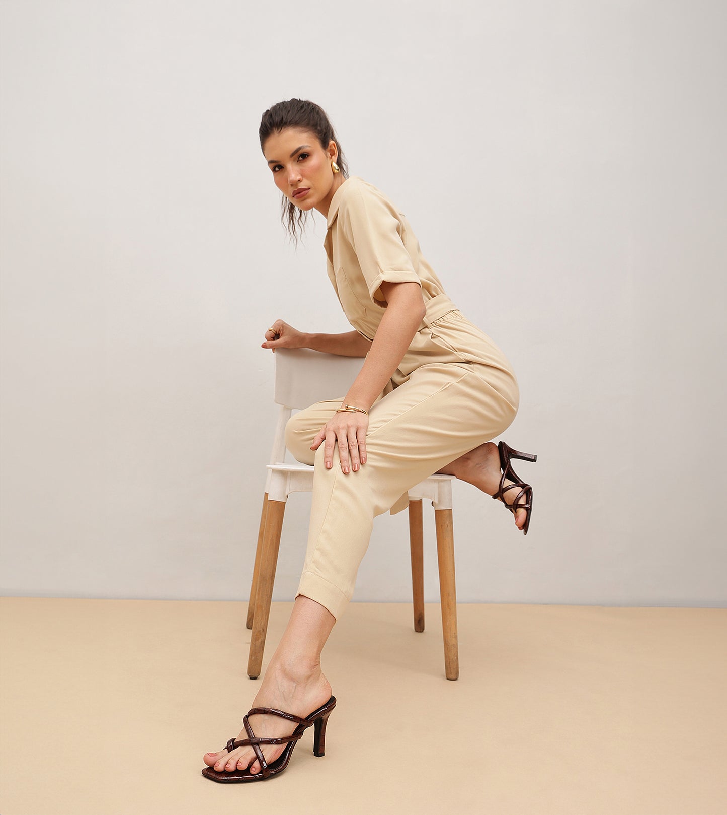 Asymmetric Strappy Tubular Heeled Sandals - Brown