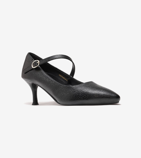 Textured Pointed-Toe Mary Jane Pumps - Black
