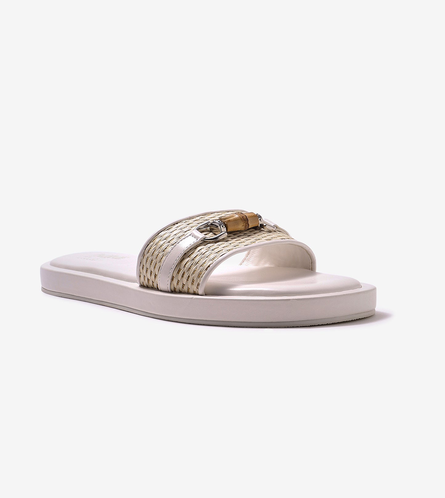 Raffia Slide Flat Sandals With Bamboo Adornment - White