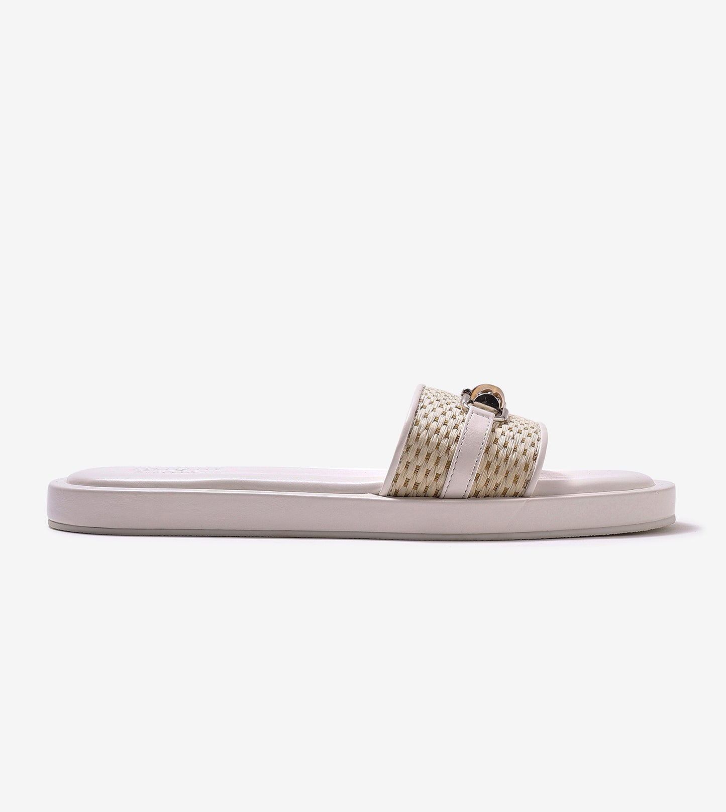 Raffia Slide Flat Sandals With Bamboo Adornment - White