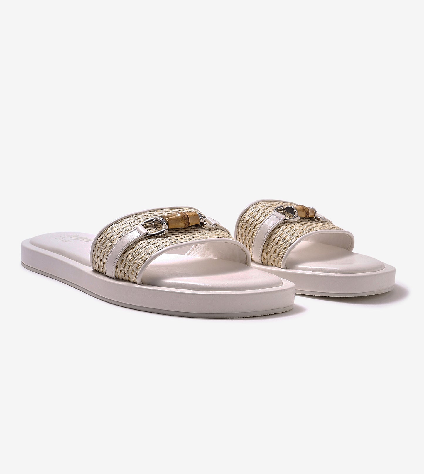 Raffia Slide Flat Sandals With Bamboo Adornment - White