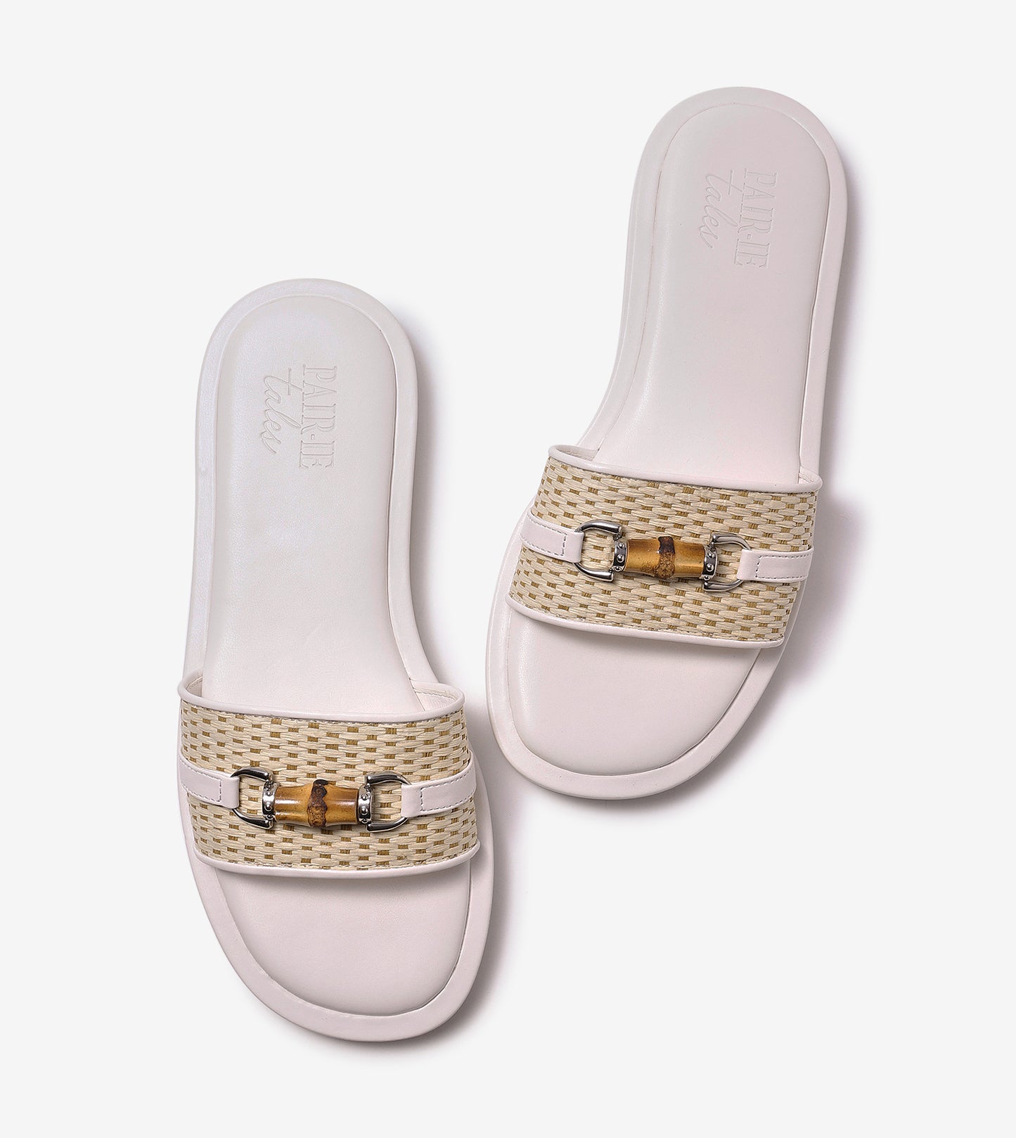 Raffia Slide Flat Sandals With Bamboo Adornment - White