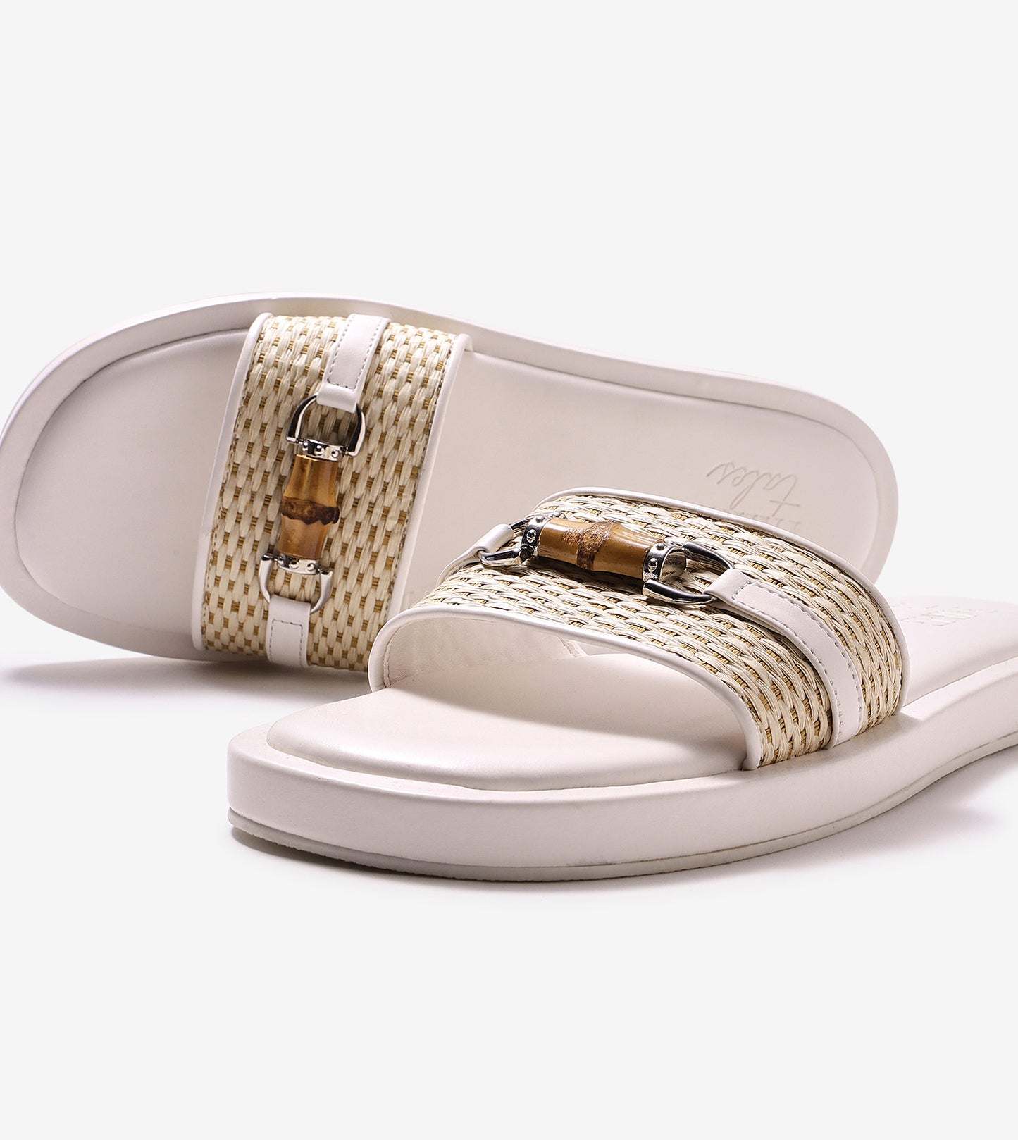 Raffia Slide Flat Sandals With Bamboo Adornment - White