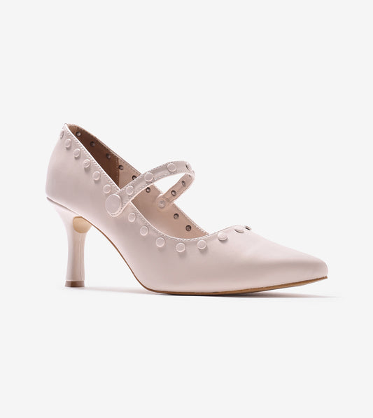 Pointed Toe Studded Mary Jane Pumps - Cream