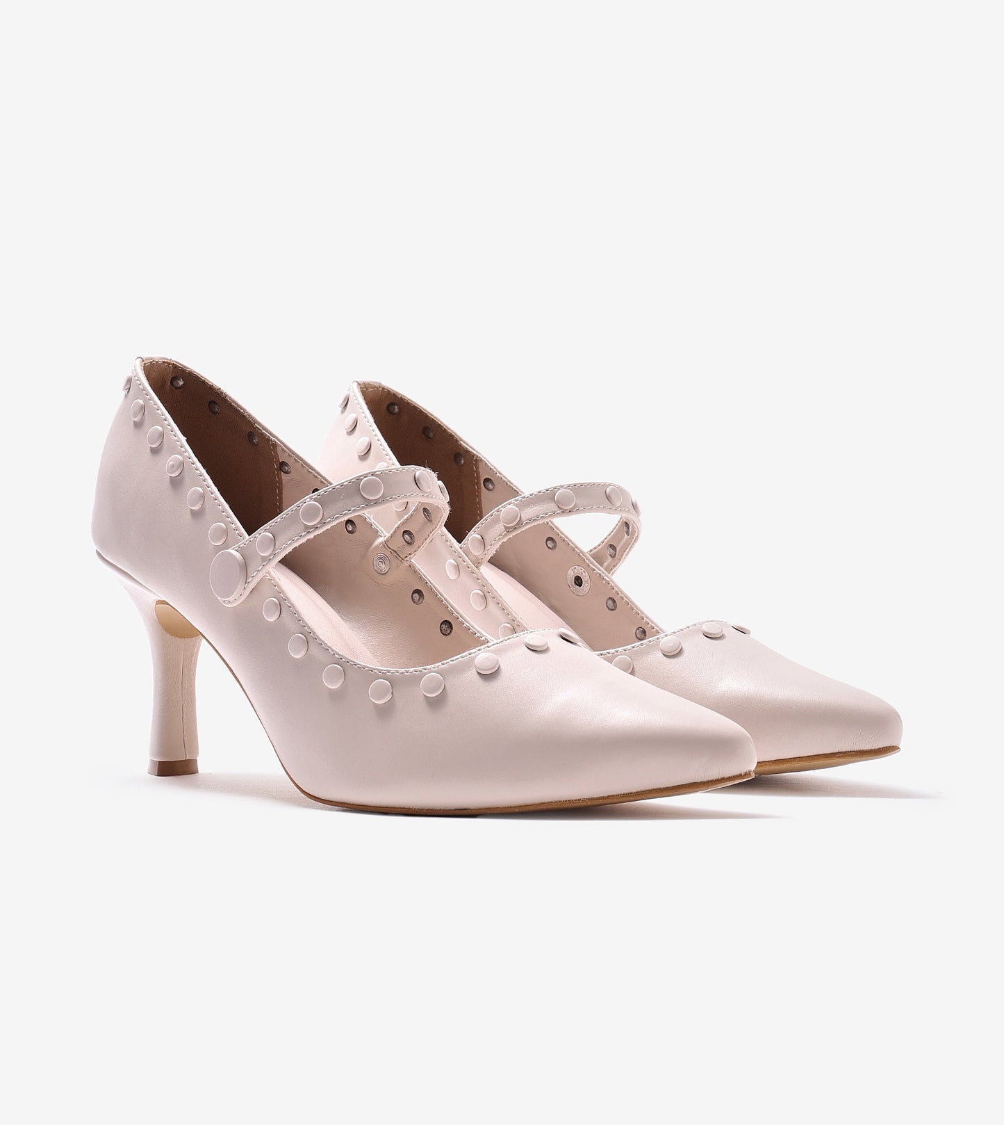 Pointed Toe Studded Mary Jane Pumps - Cream