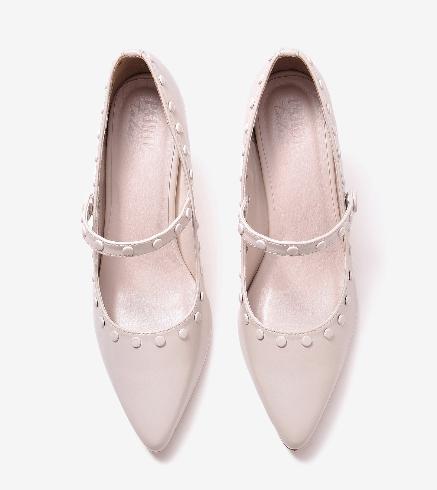 Pointed Toe Studded Mary Jane Pumps - Cream