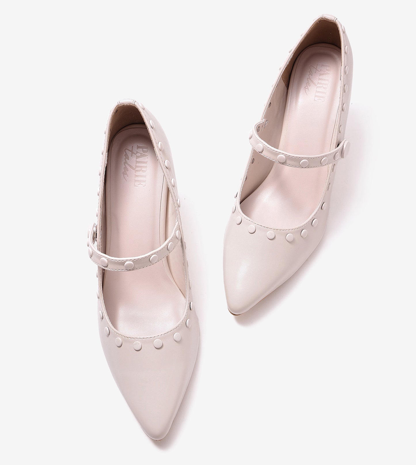 Pointed Toe Studded Mary Jane Pumps - Cream