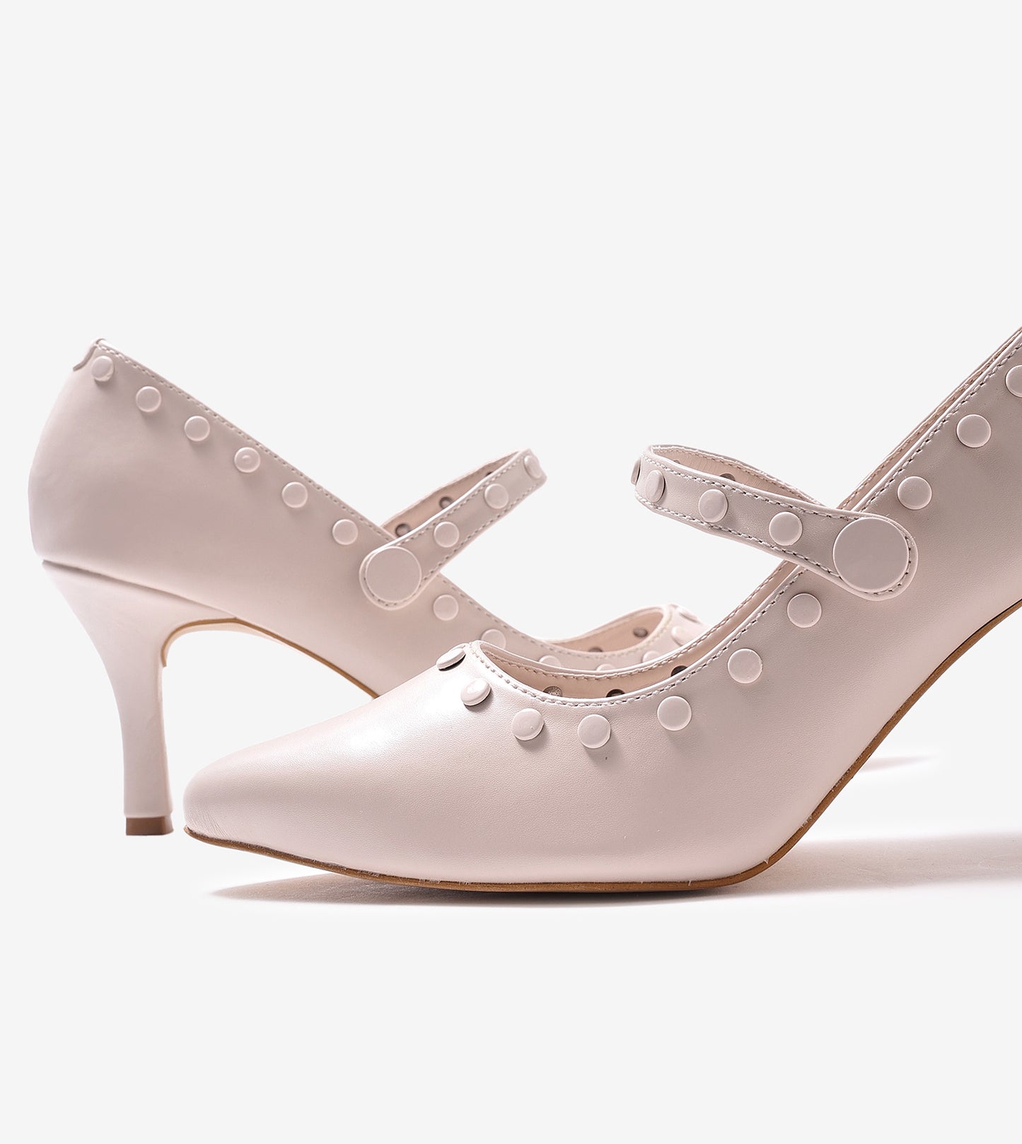 Pointed Toe Studded Mary Jane Pumps - Cream