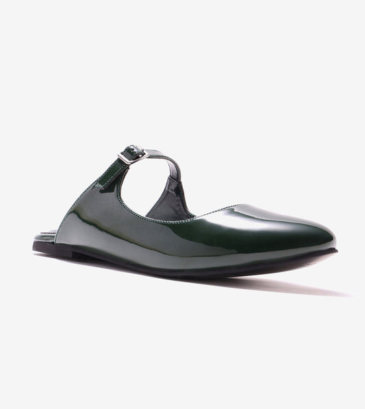 Patent Mules Flats - Dark Green
