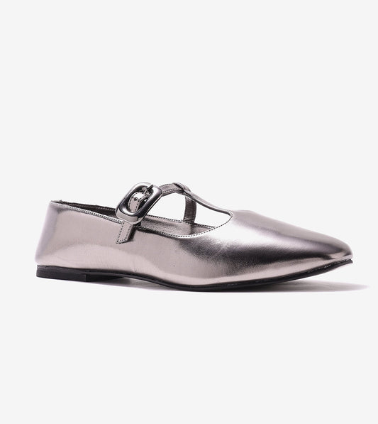 T-Strap Metallic Mary Janes Flats - Gunmetal