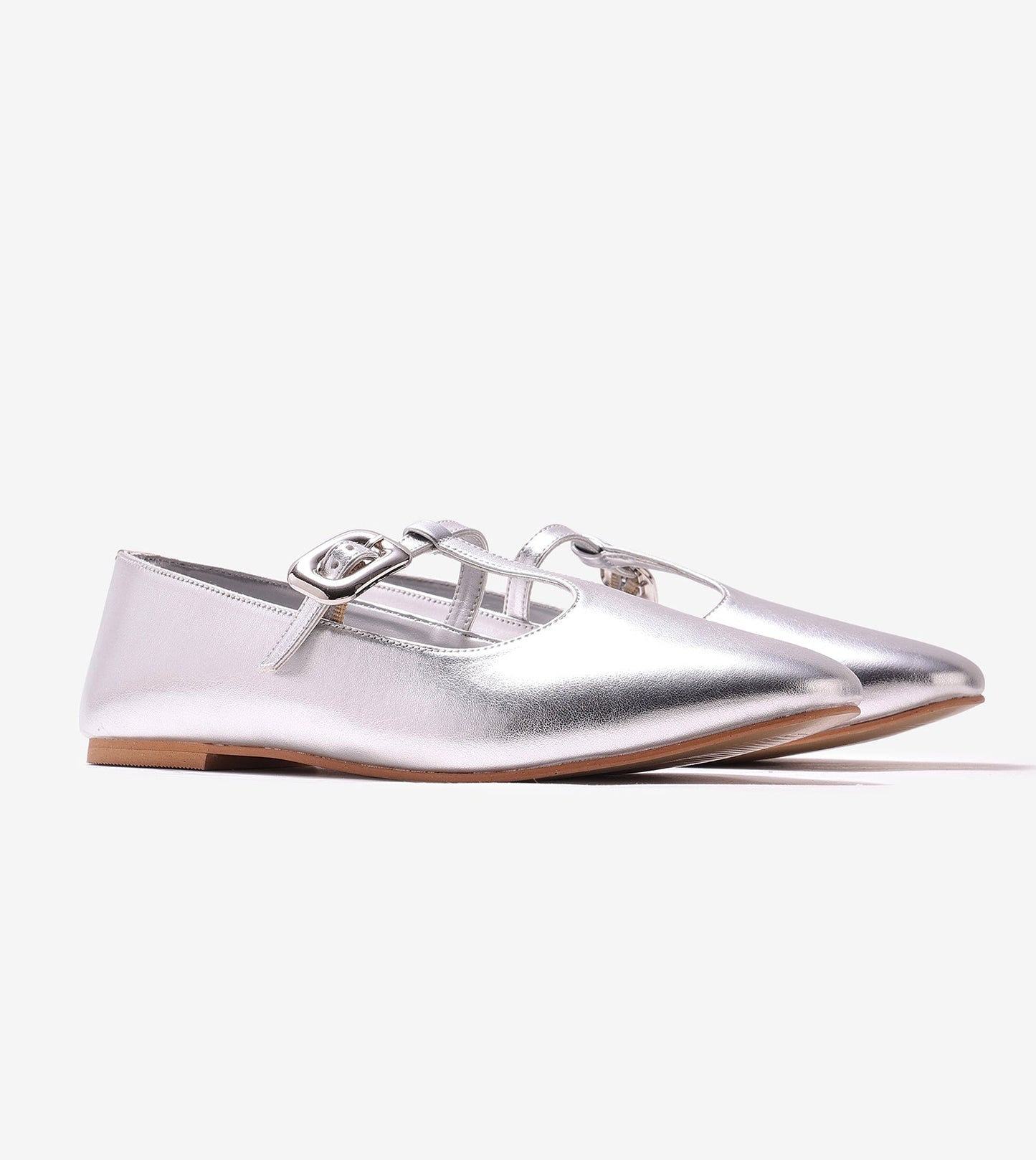 T-Strap Metallic Mary Janes Flats - Silver